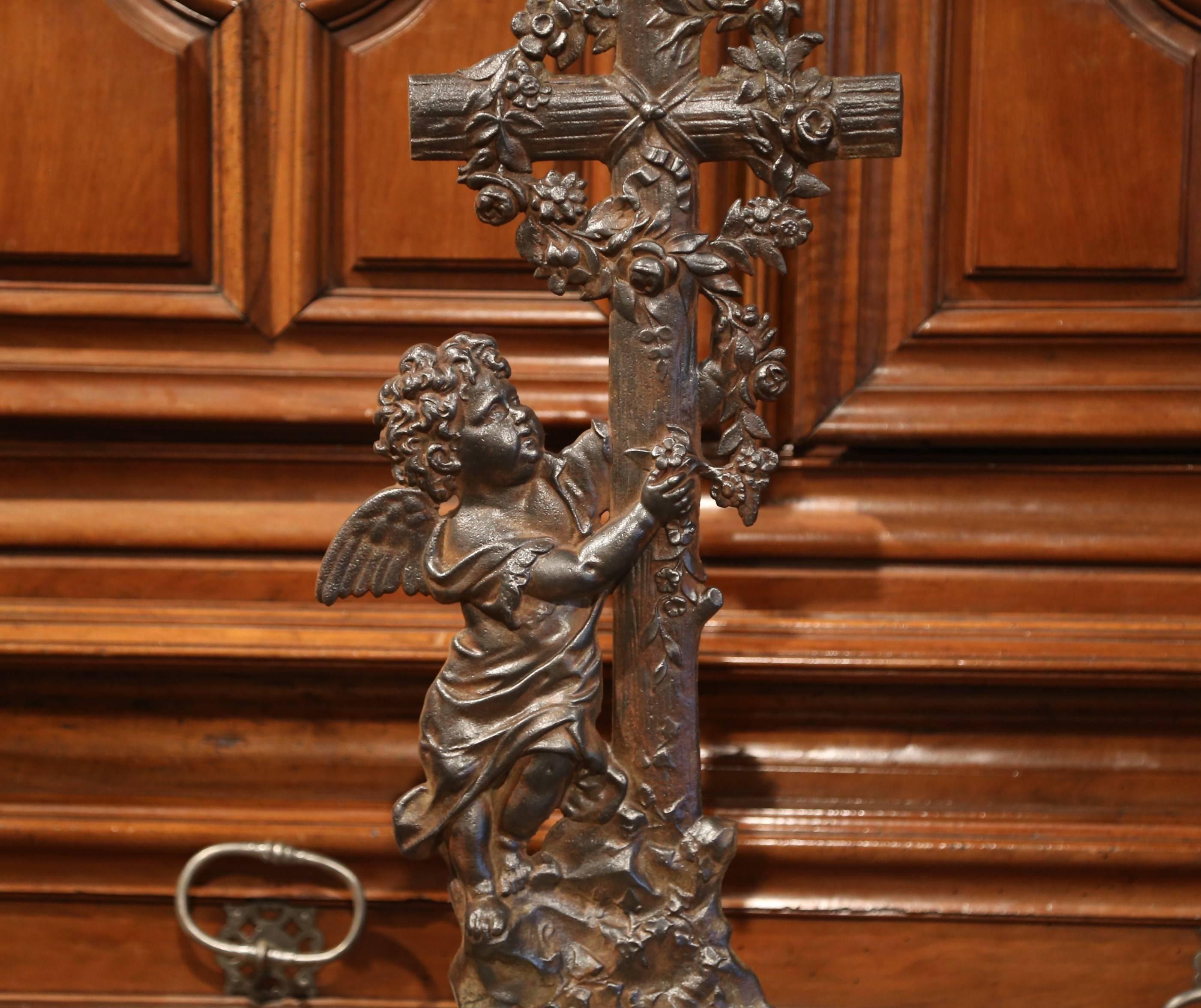 19th Century French Iron Cross with Cherub on Stand with Engraved E. Catherine 2