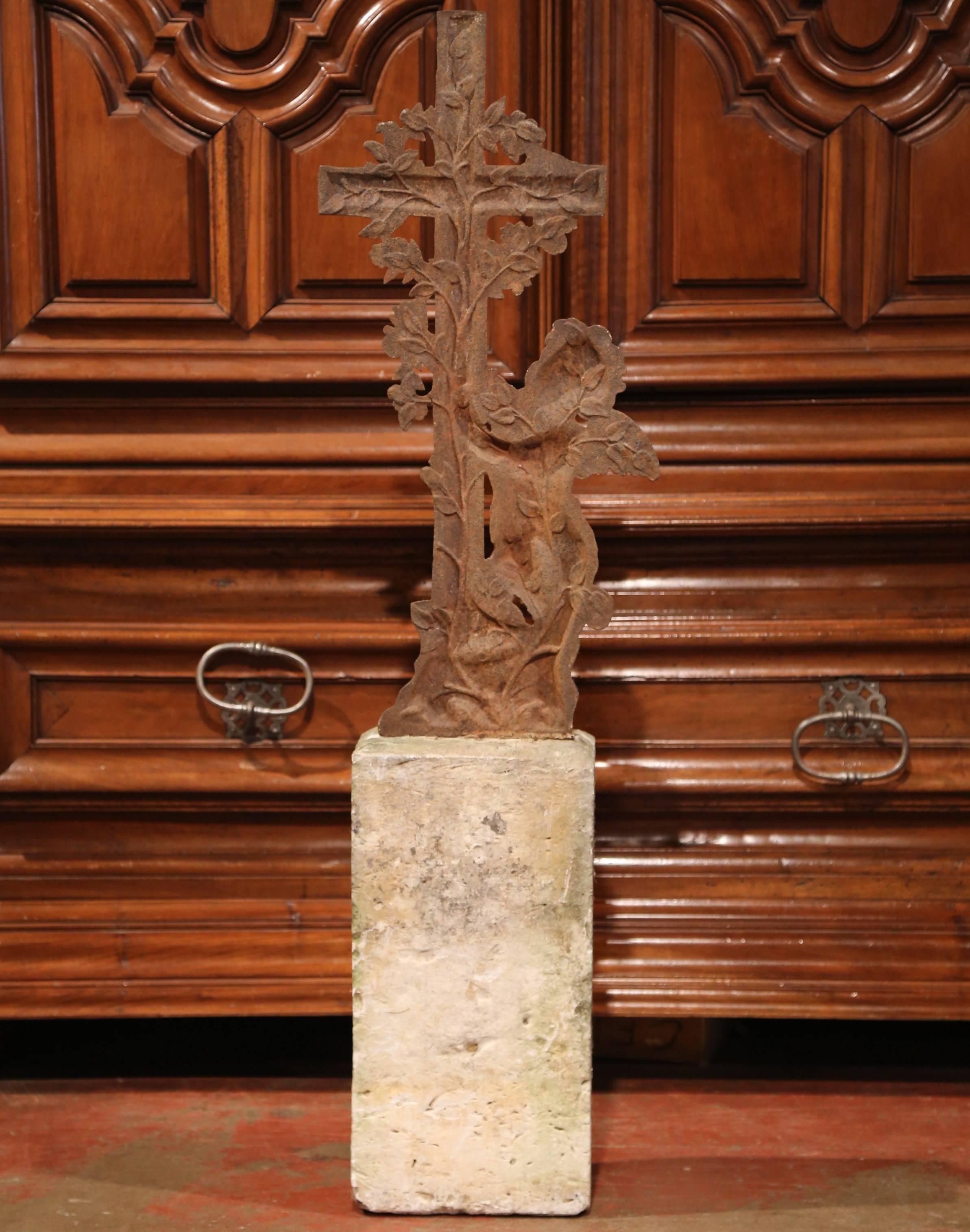19th Century French Iron Cross with Cherub on Stand with Engraved E. Catherine 4
