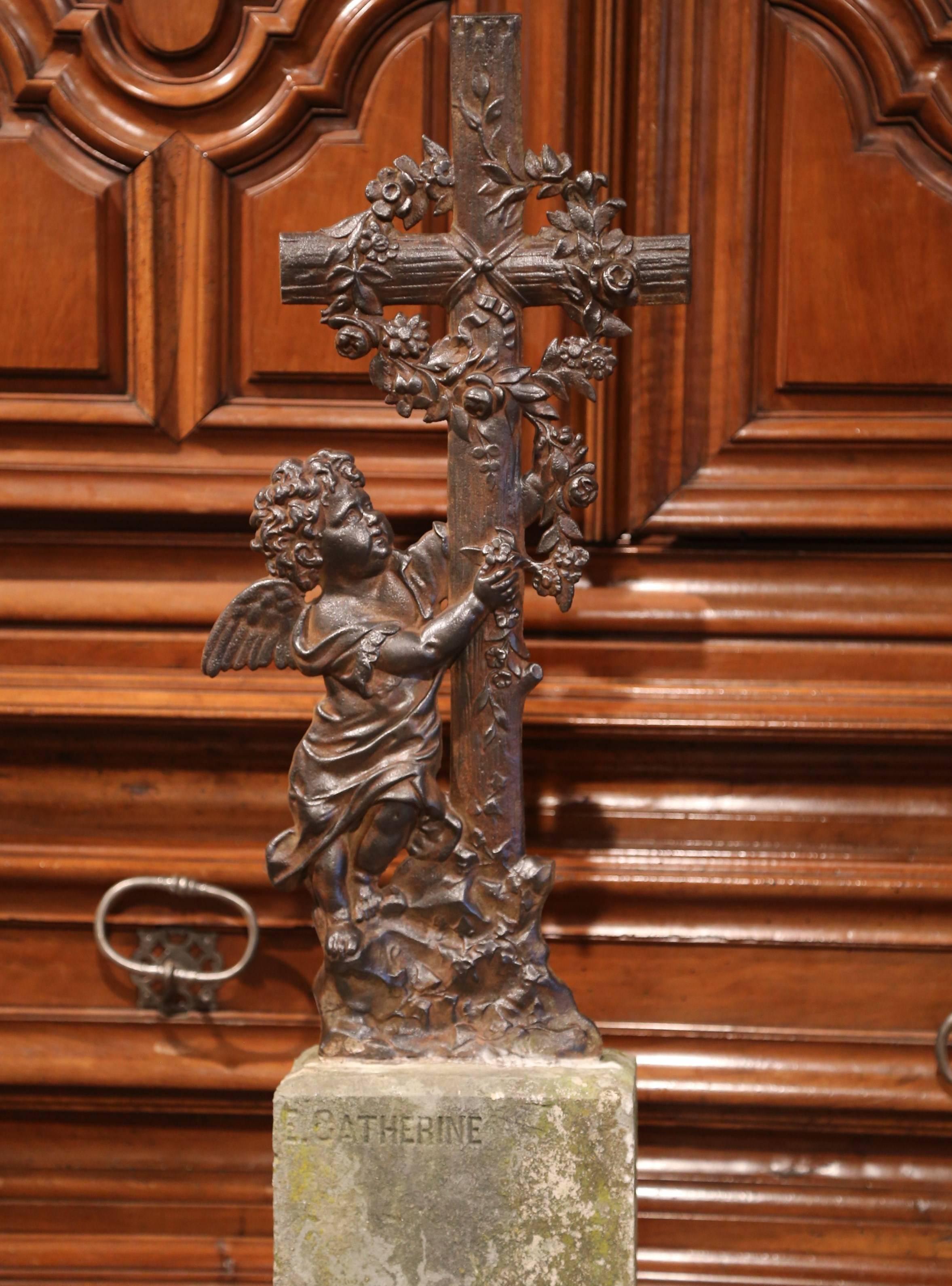 Hand-Crafted 19th Century French Iron Cross with Cherub on Stand with Engraved E. Catherine