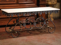 French Polished Iron Butcher Pastry Table with Marble Top and Brass Finials
