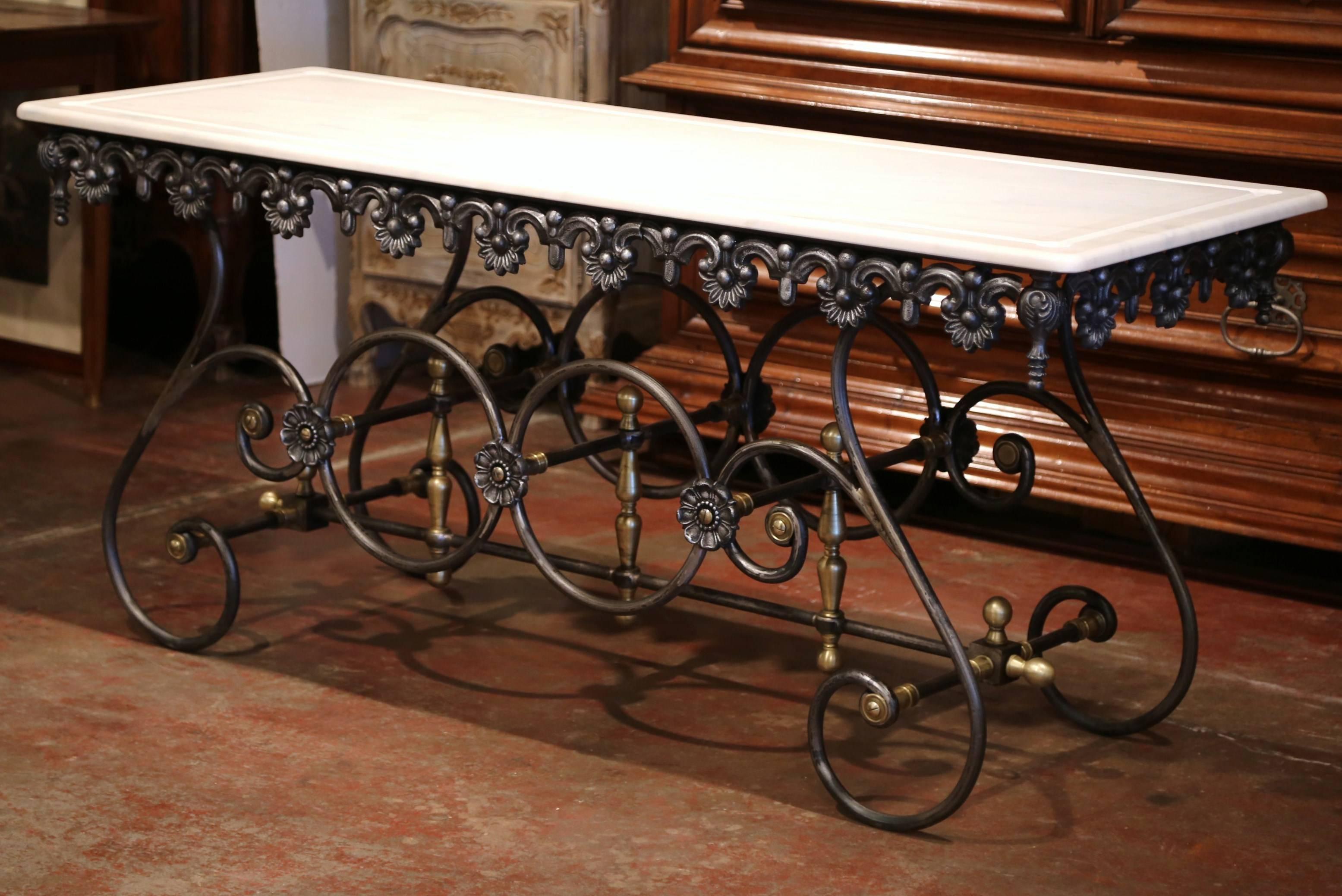 French Polished Iron Butcher Pastry Table with Marble Top and Brass Finials In Excellent Condition In Dallas, TX