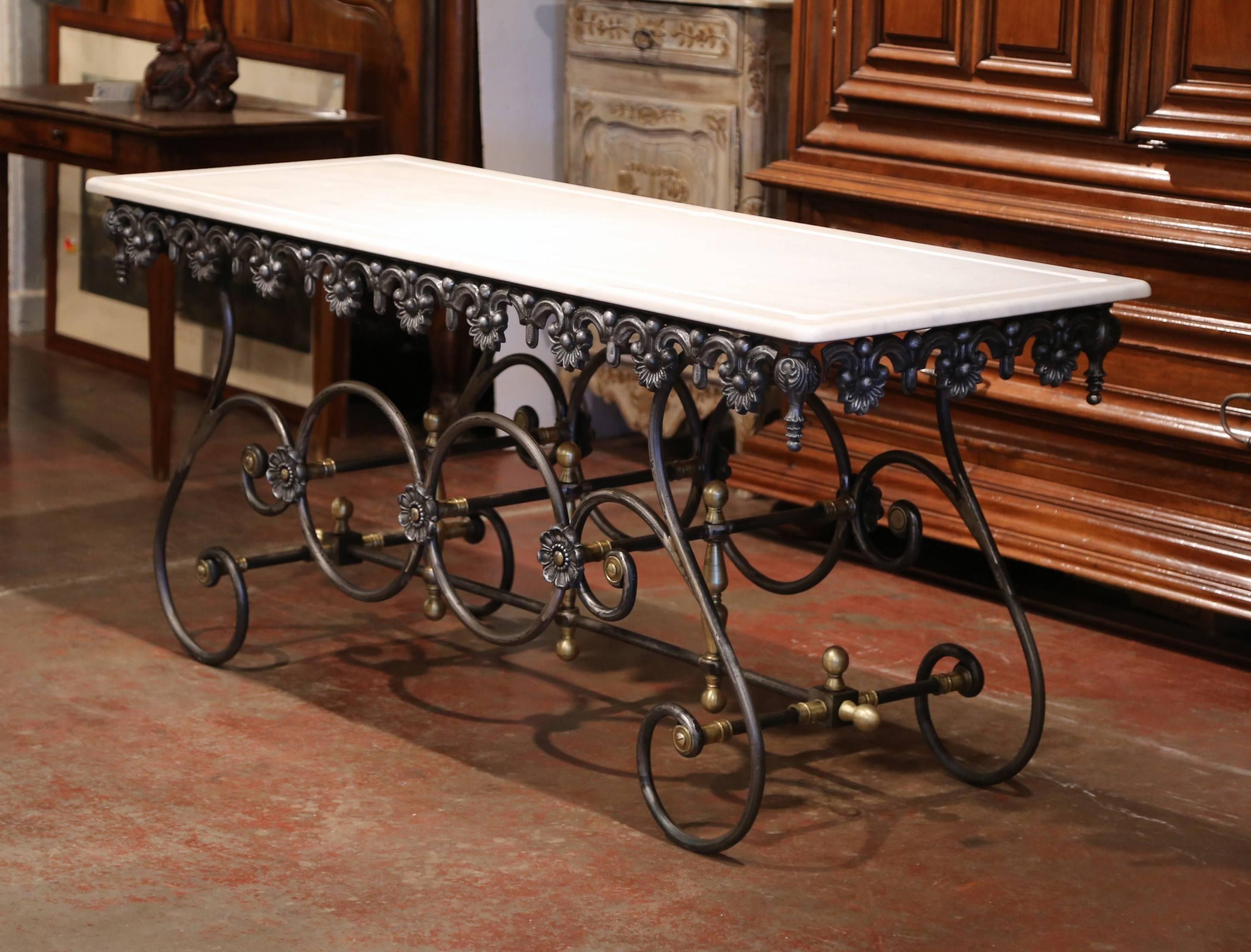 French Polished Iron Butcher Pastry Table with Marble Top and Brass Finials 1
