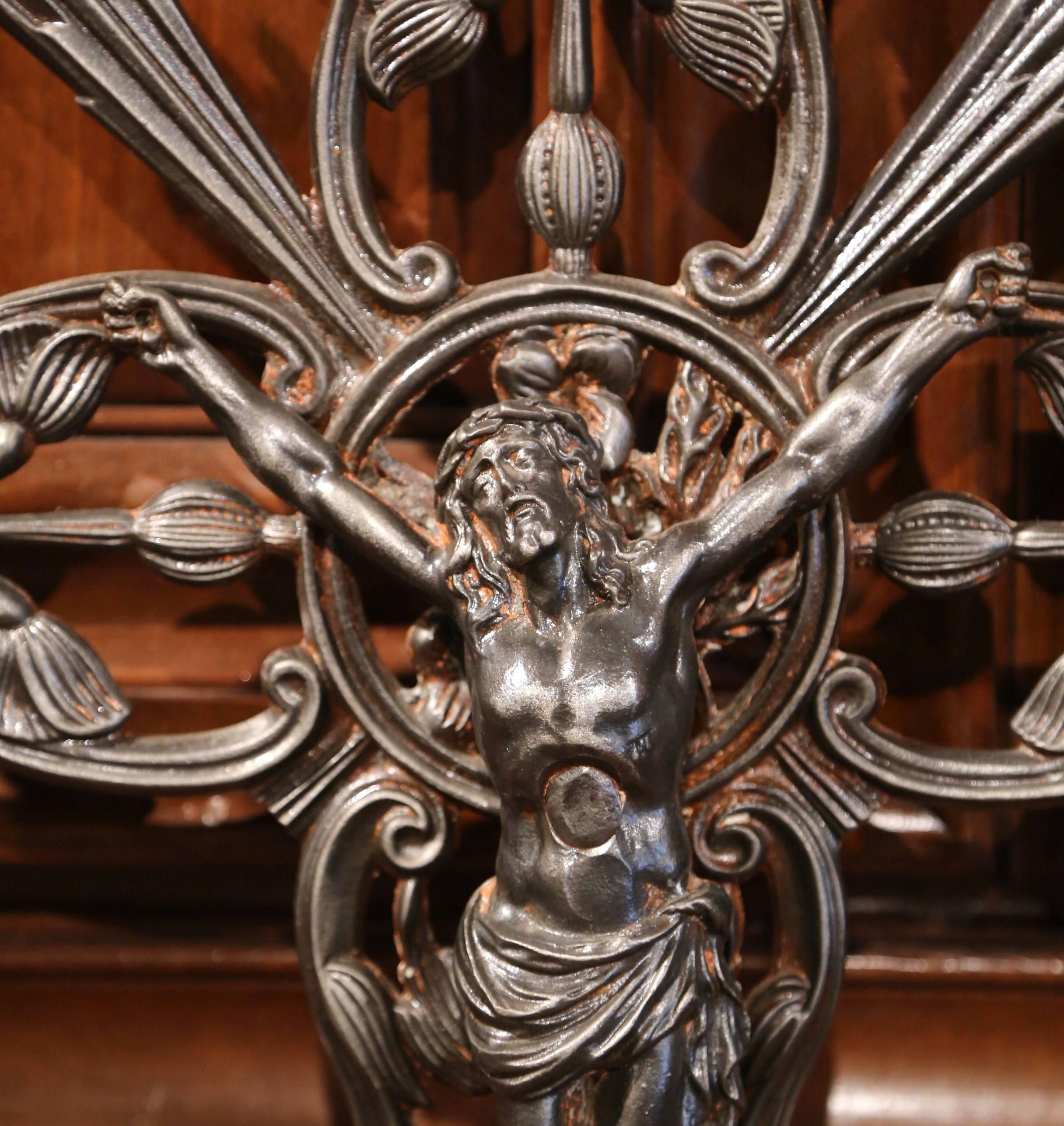 19th Century French Polished and Patinated Iron Garden Cross with Christ In Excellent Condition In Dallas, TX