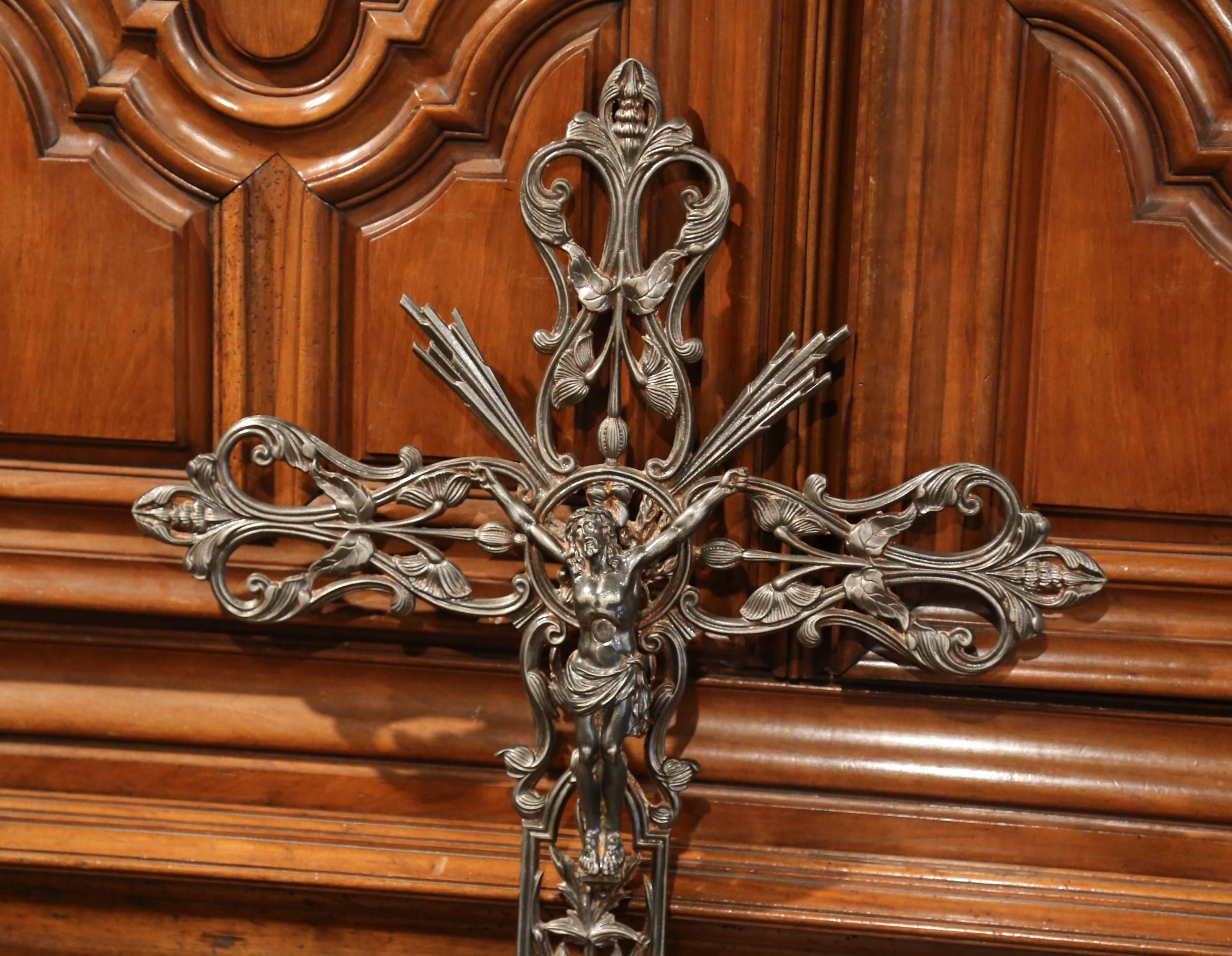 19th Century French Polished and Patinated Iron Garden Cross with Christ 2