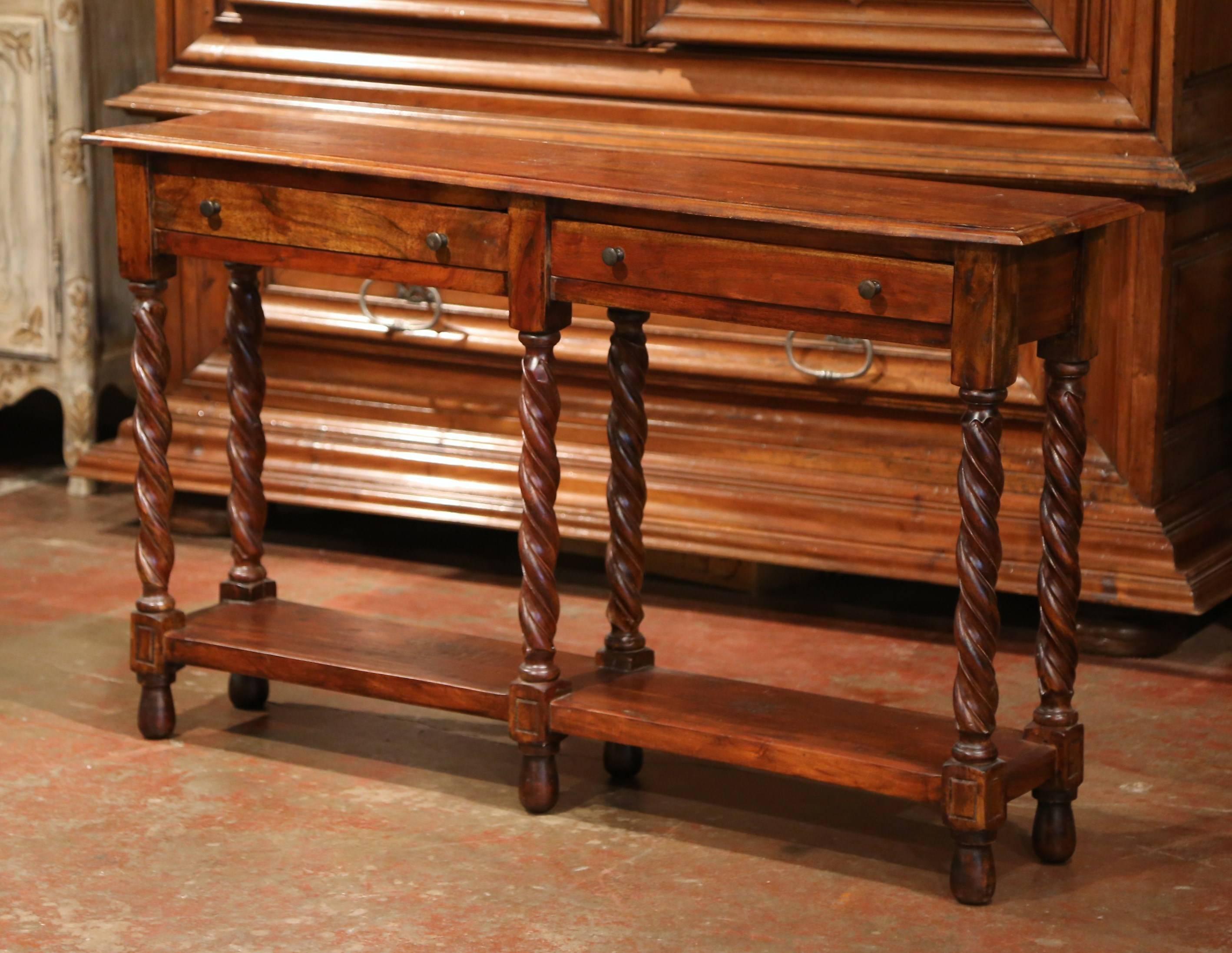Mid-20th Century French Louis XIII Six-Leg and Two-Tier Walnut Console Table In Excellent Condition In Dallas, TX