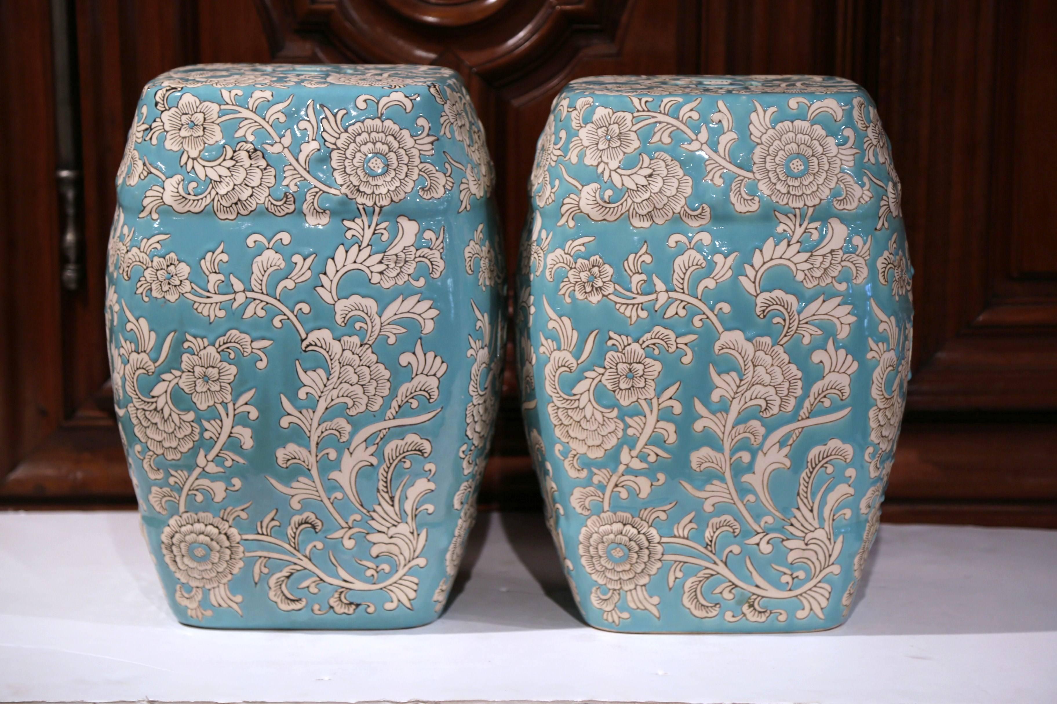 Porcelain Mid-20th Century Pair of Asian Turquoise and White Glazed Ceramic Garden Stools