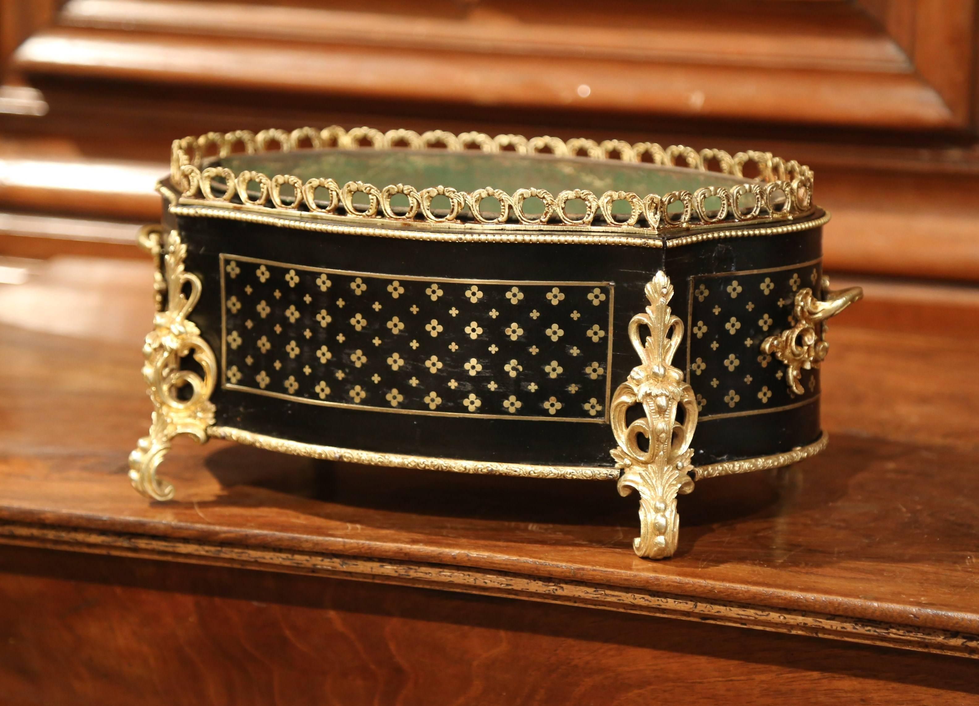 Napoleon III 19th Century French Blackened Boulle Jardinière with Inlay and Bronze Mounts