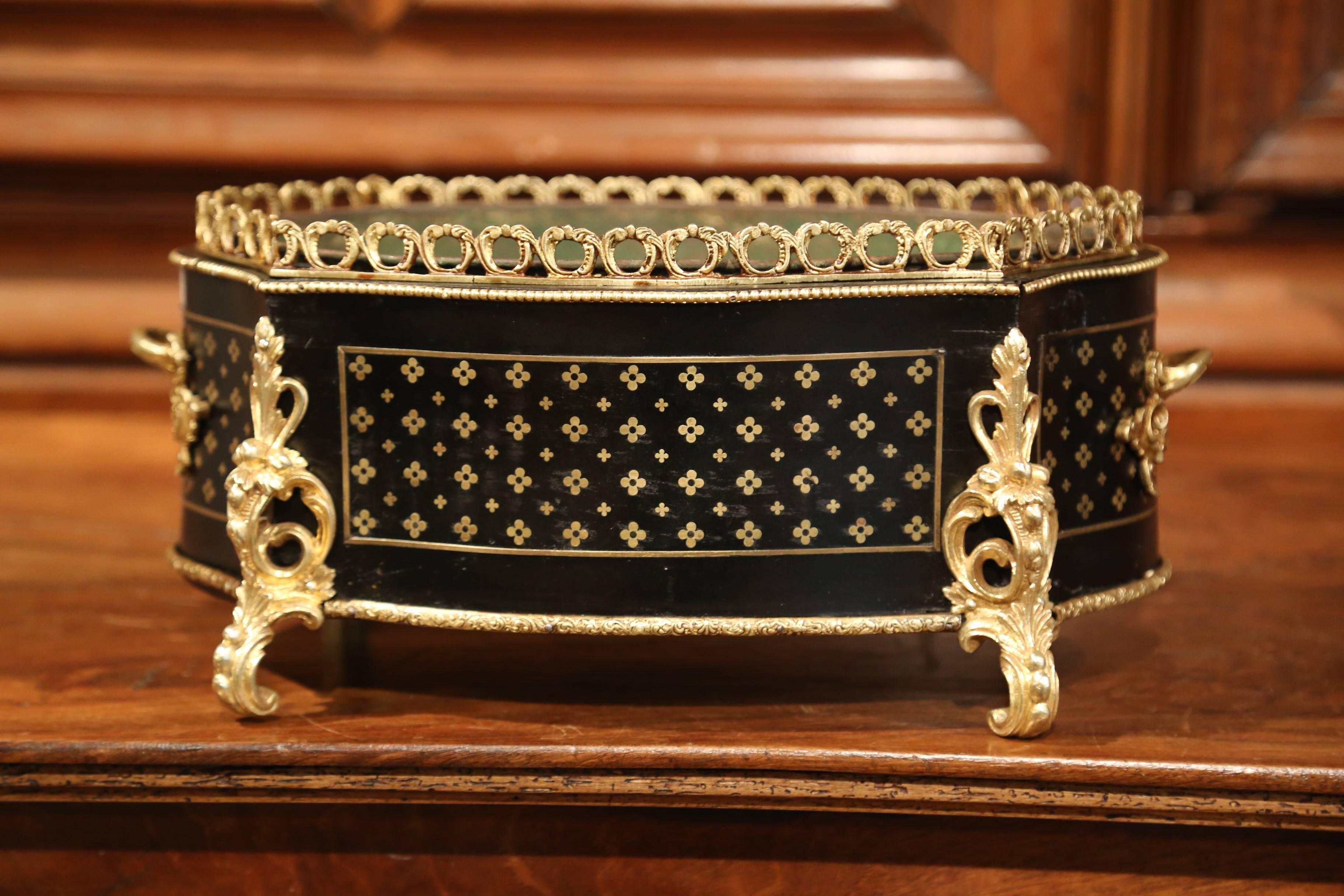 This beautifully crafted, oval Napoleon III fruitwood planter was crafted in Paris, France, circa 1870. The antique, blackened jardinière, attributed to the 