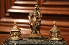 19th Century French Bronze and Green Marble Inkwell with Roman Figure and Mounts