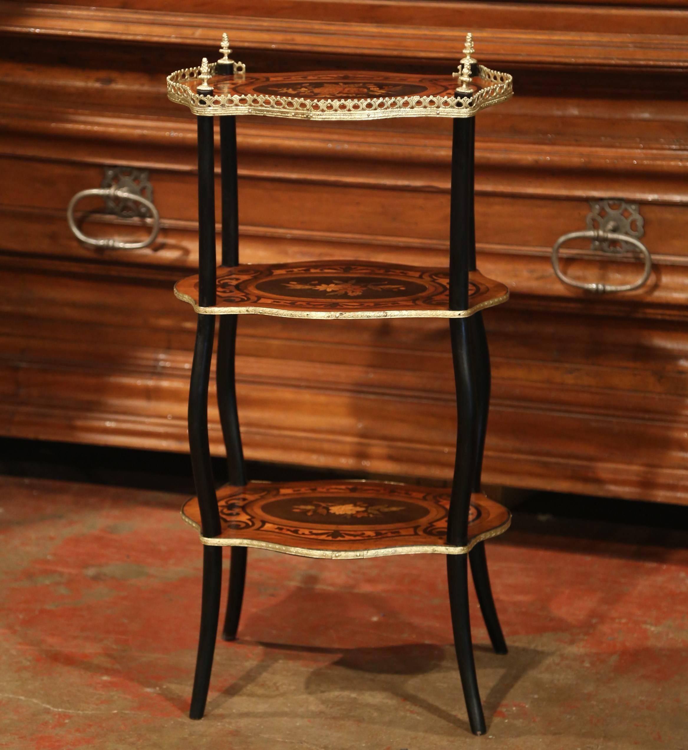 19th Century French Walnut and Bronze Three-Tier Side Table with Flower Inlay In Excellent Condition In Dallas, TX