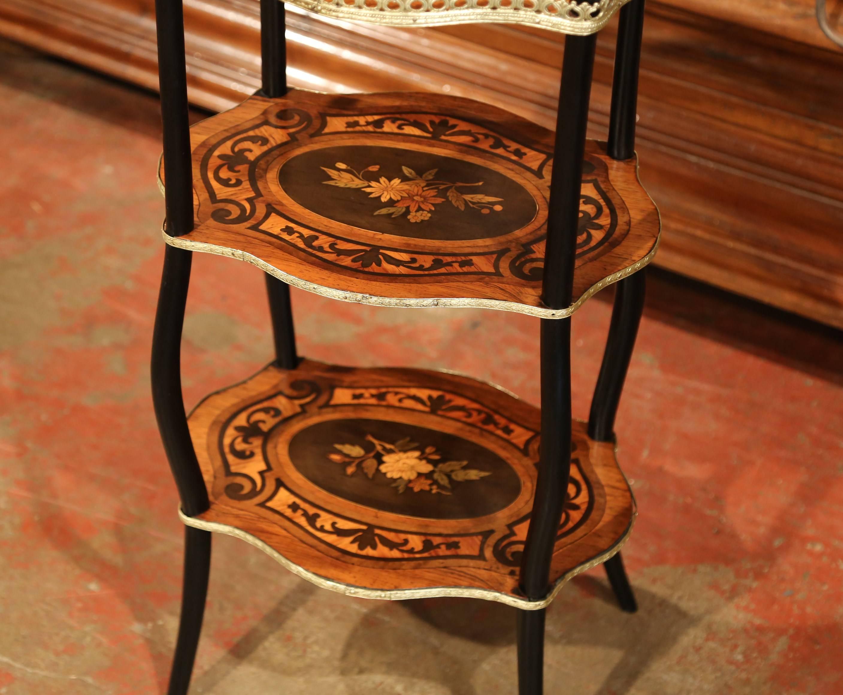 Hand-Carved 19th Century French Walnut and Bronze Three-Tier Side Table with Flower Inlay