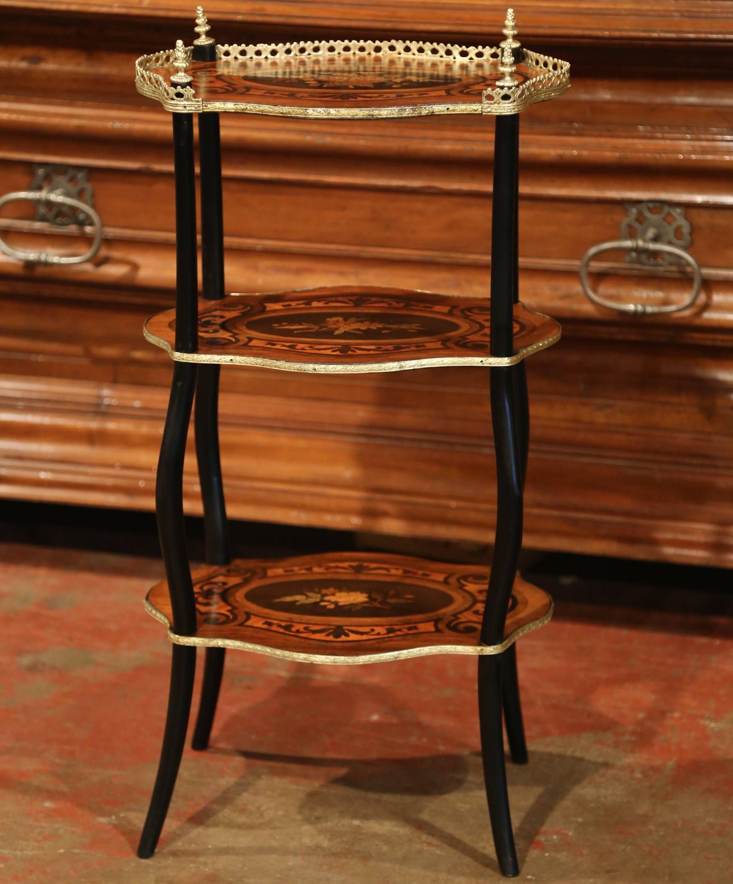 19th Century French Walnut and Bronze Three-Tier Side Table with Flower Inlay 1