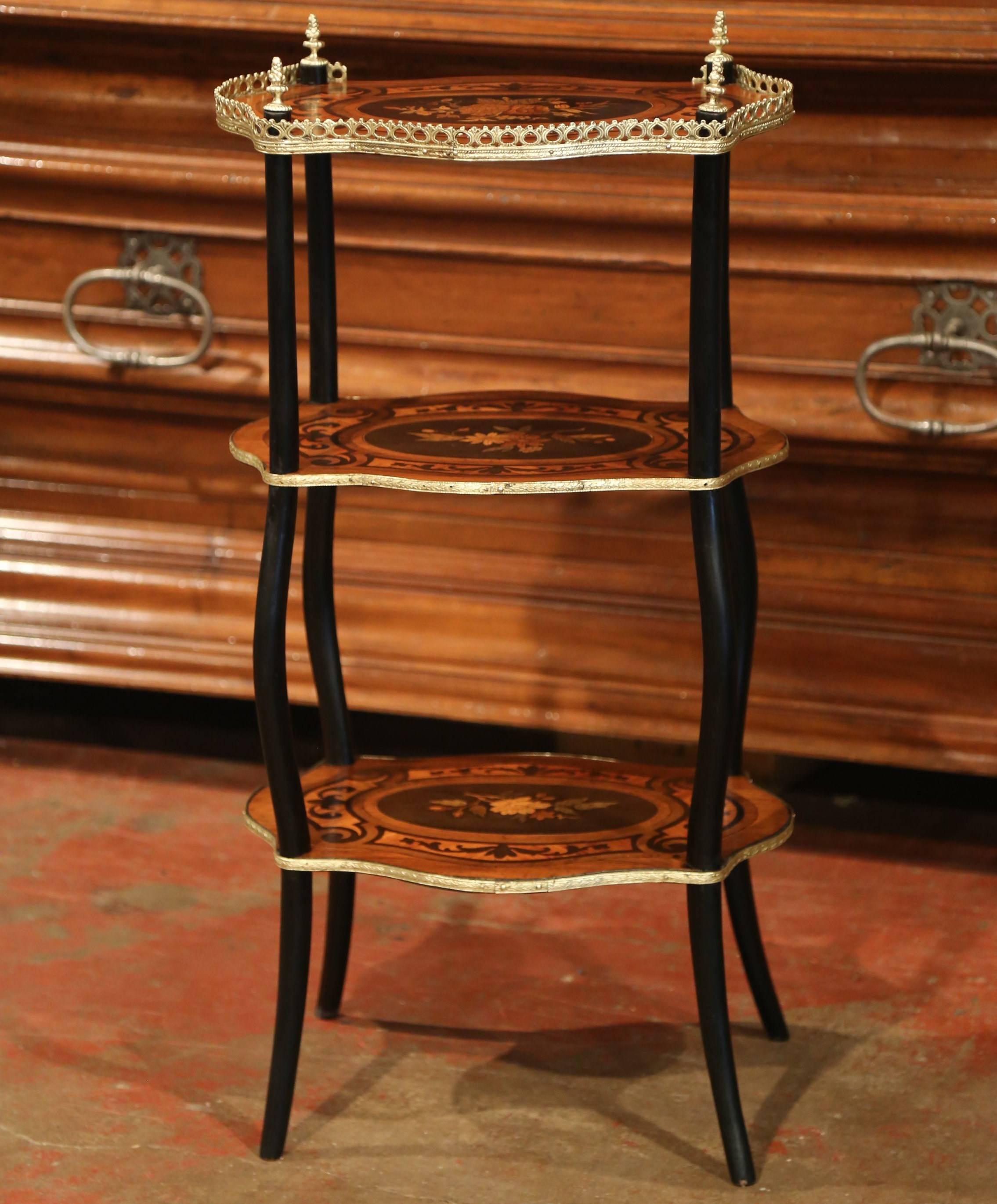 Louis XV 19th Century French Walnut and Bronze Three-Tier Side Table with Flower Inlay