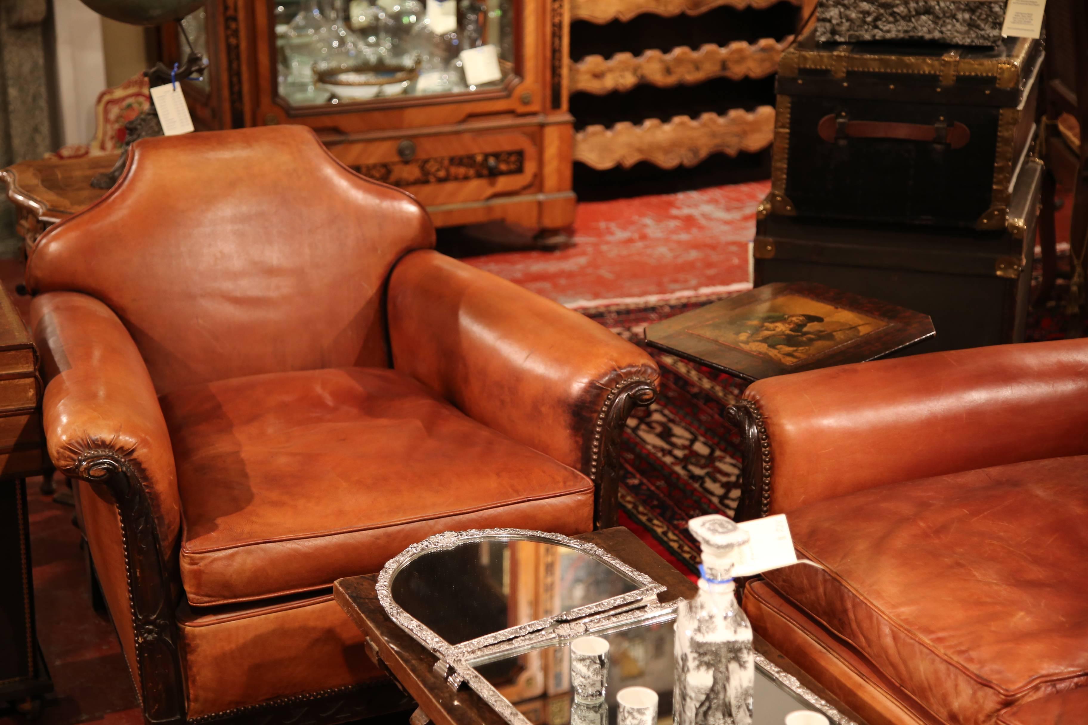 Pair of 19th Century English Walnut and Leather Club Chairs with Matching Sofa In Excellent Condition In Dallas, TX