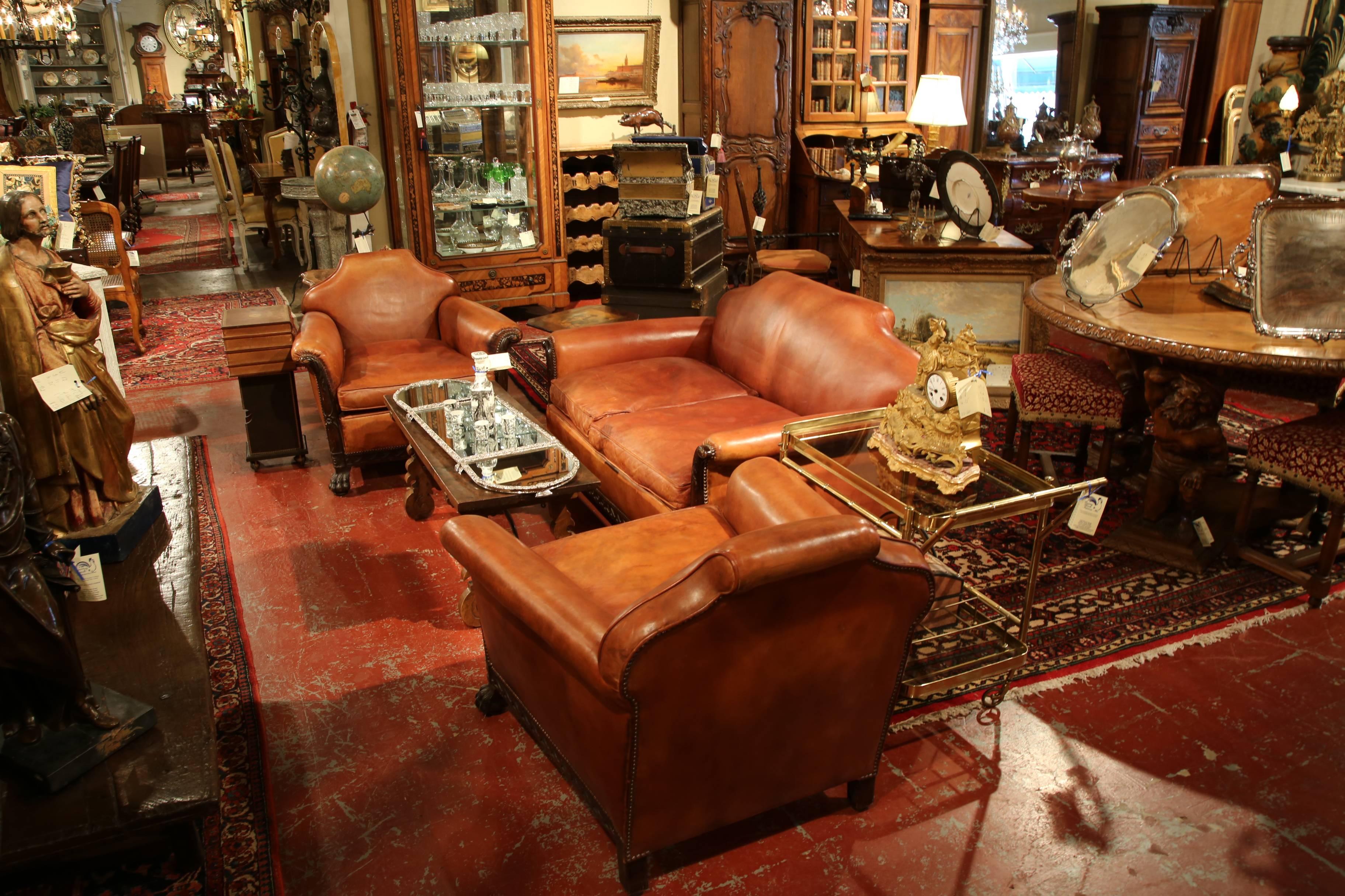 Rococo Pair of 19th Century English Walnut and Leather Club Chairs with Matching Sofa