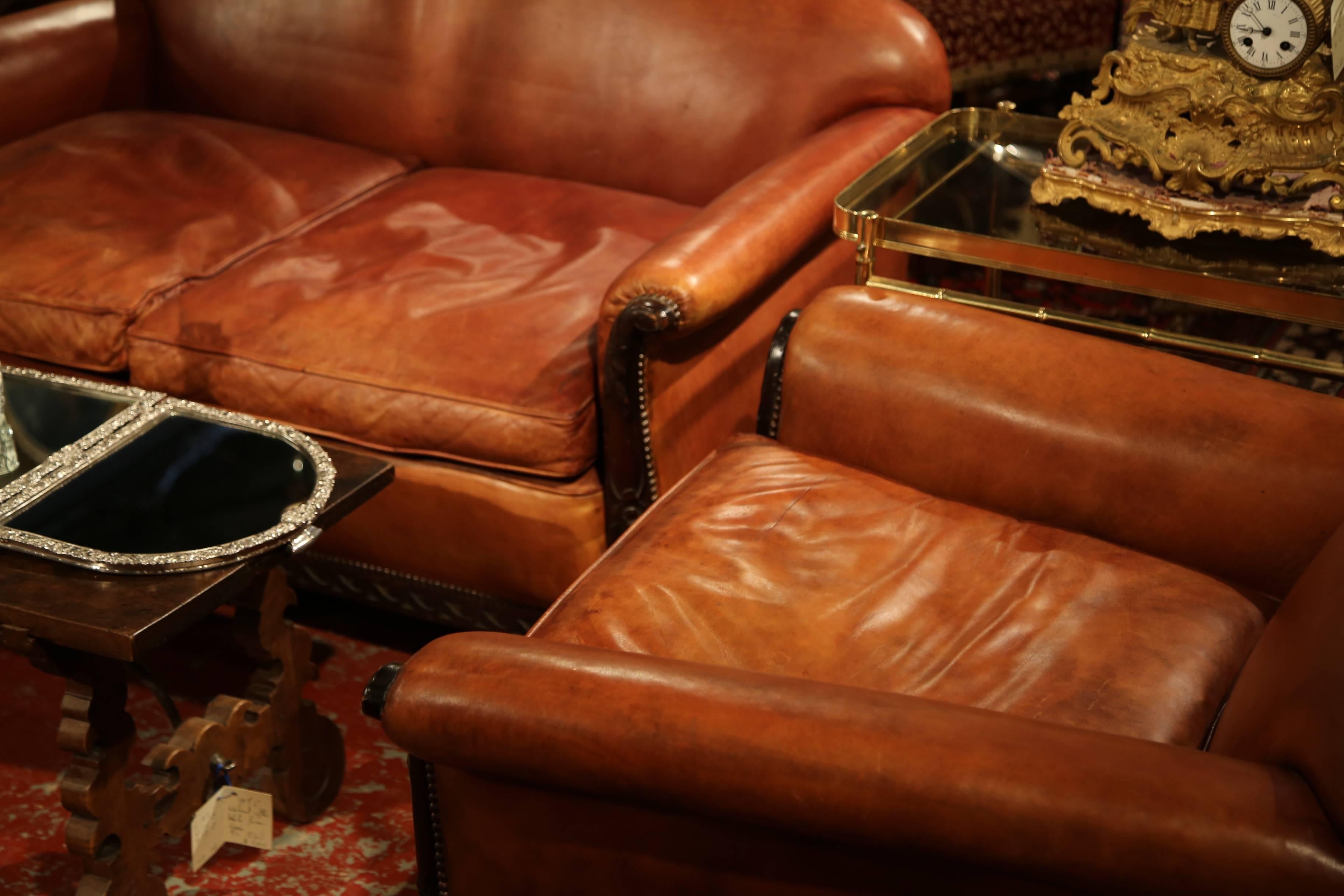 Hand-Carved Pair of 19th Century English Walnut and Leather Club Chairs with Matching Sofa
