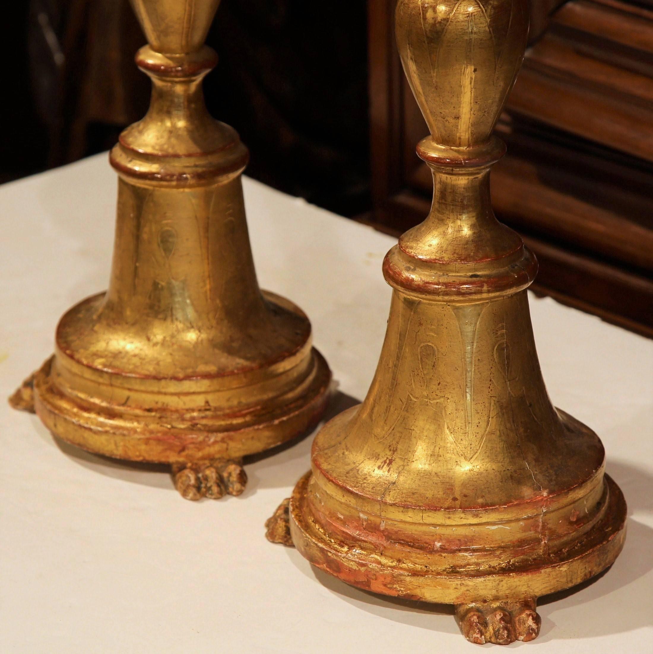 Pair of 19th Century Italian Hand-Carved Wooden Gold Leaf Altar Candlesticks In Good Condition In Dallas, TX