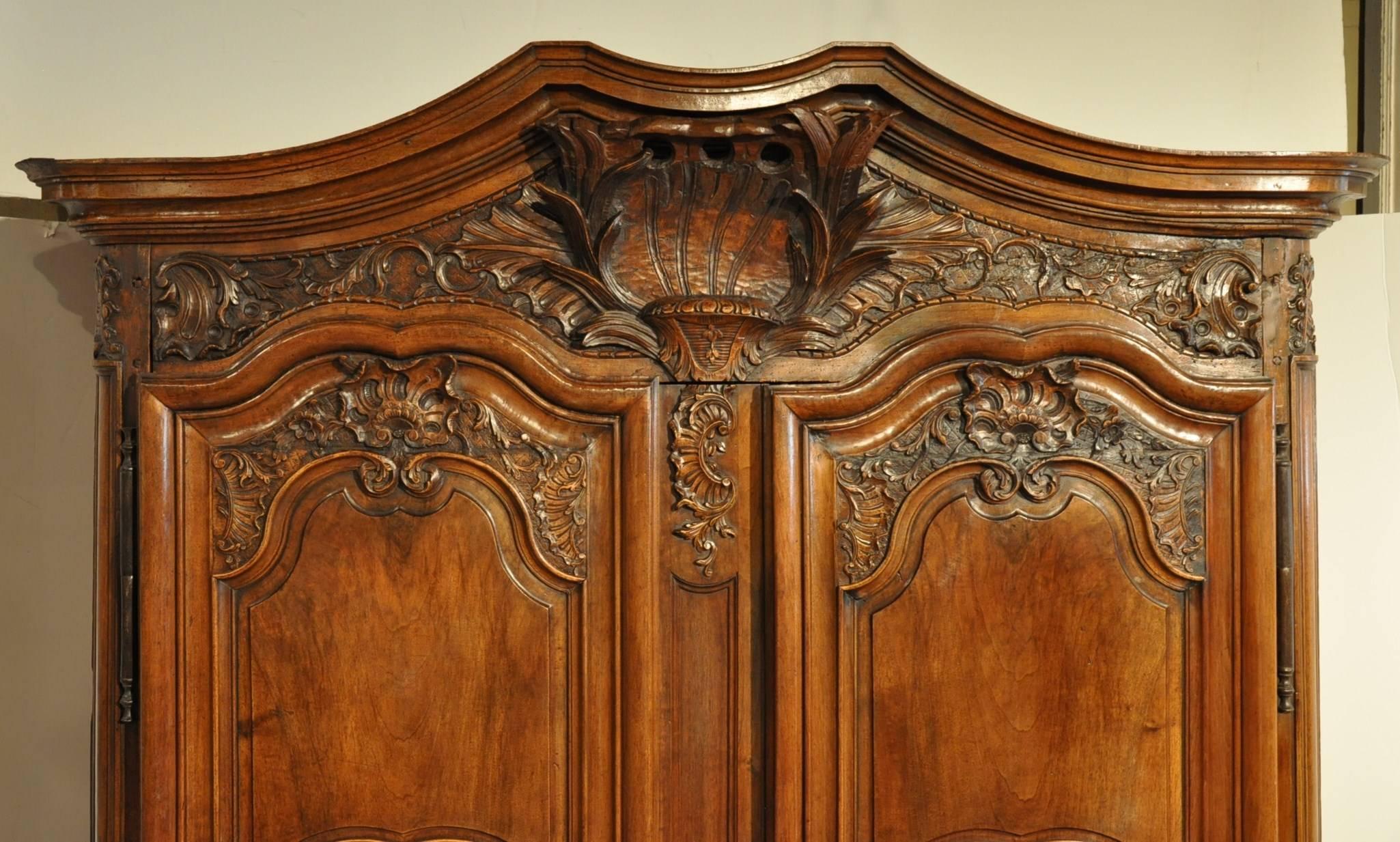 18th Century Country French Louis XV Carved Walnut Armoire from Lyon In Excellent Condition In Dallas, TX