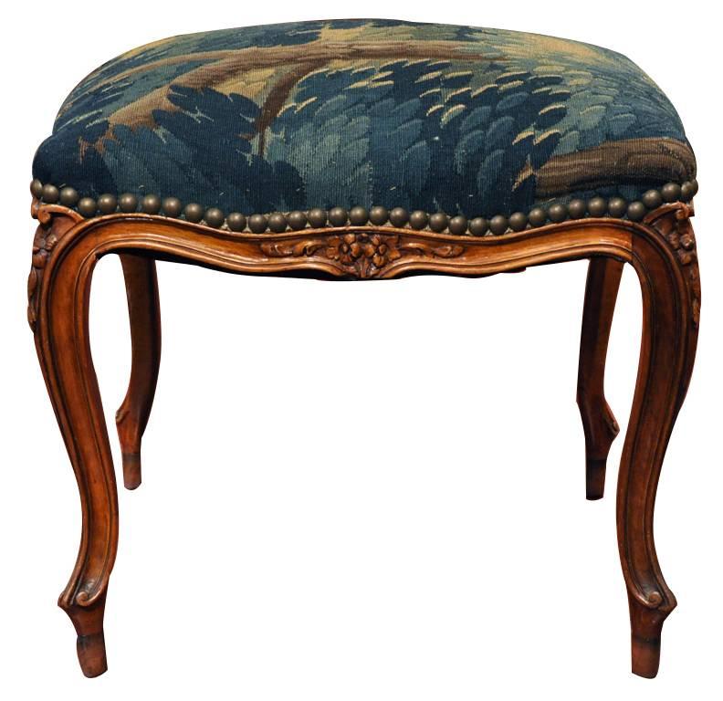 19th century carved Louis XV stool with Aubusson tapestry fragment, circa 1860. Beautiful colors on the 19th century tapestry.