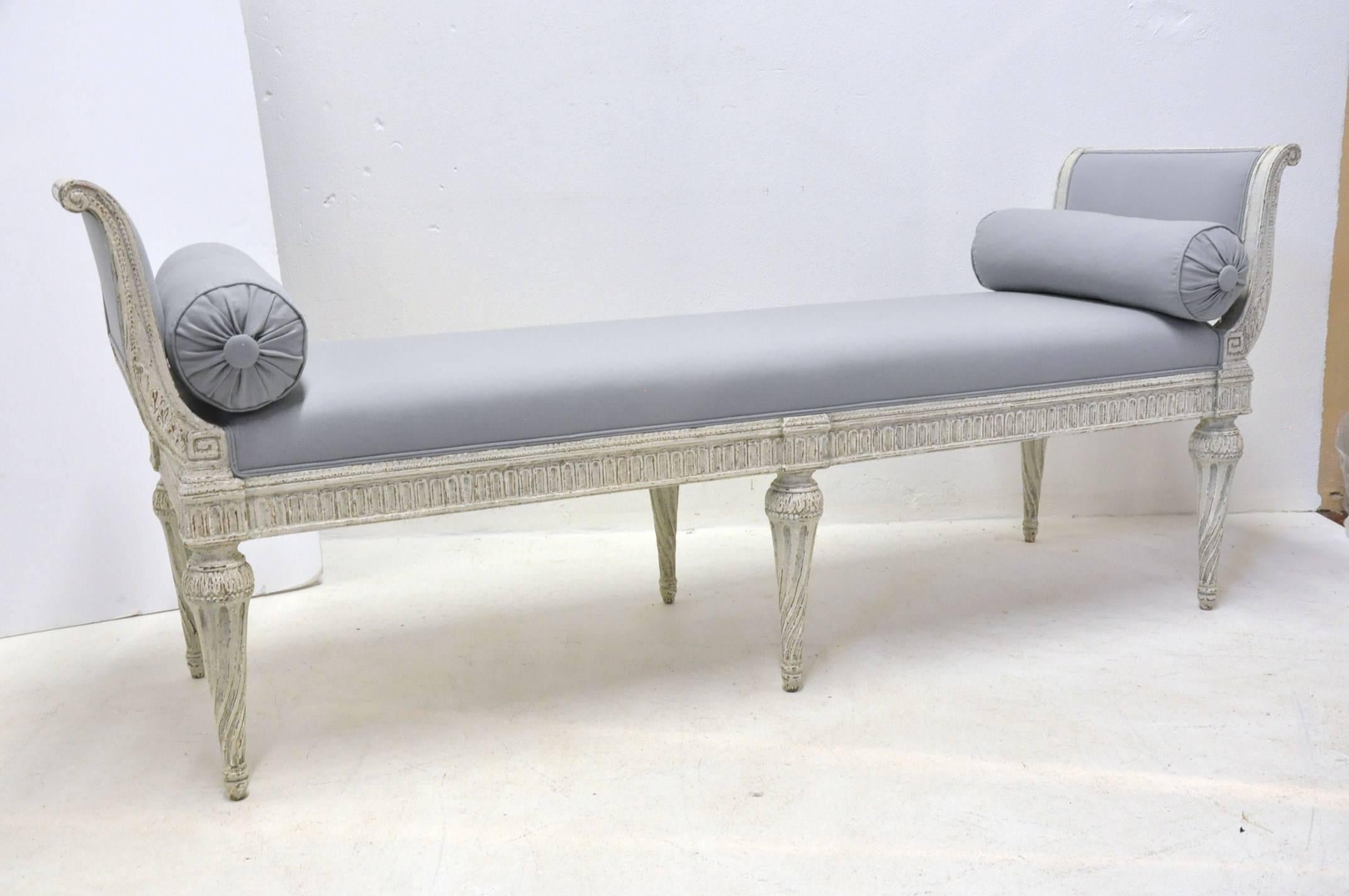 19th century painted Louis Philippe banquette-settee-bench (circa:1880). Reupholstered with grey fabric with matching pillows. A great addition at the foot of a king size bed!