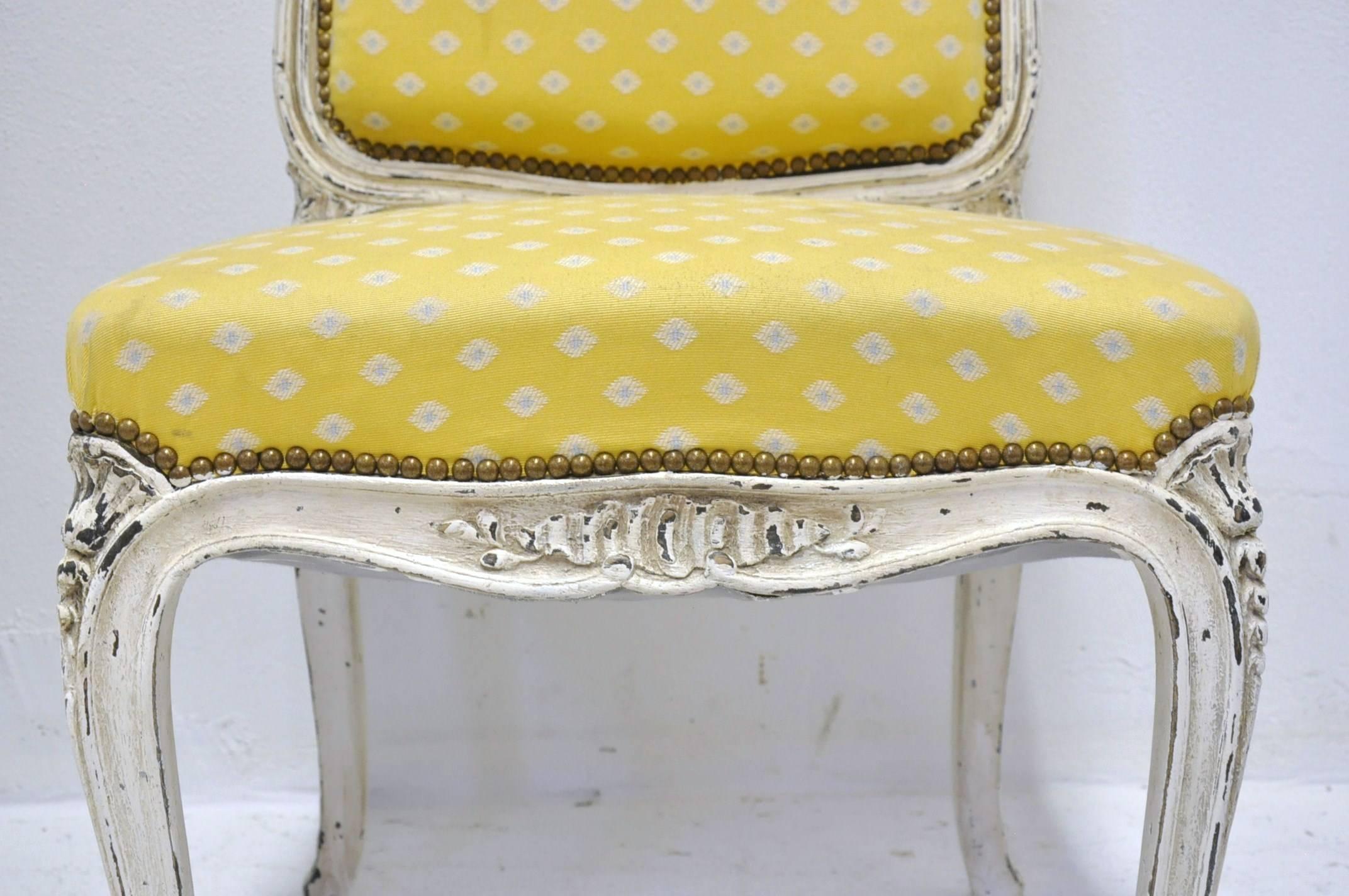 Fabric Set of Six 19th Century French Louis XV Carved Painted Side Chairs