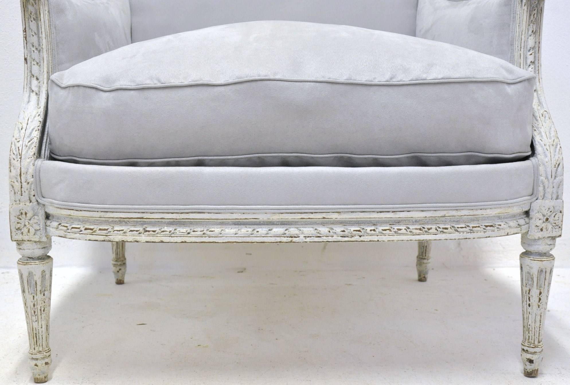Suede 19th Century French Louis XVI Carved Painted Two-Piece Chaise from Paris