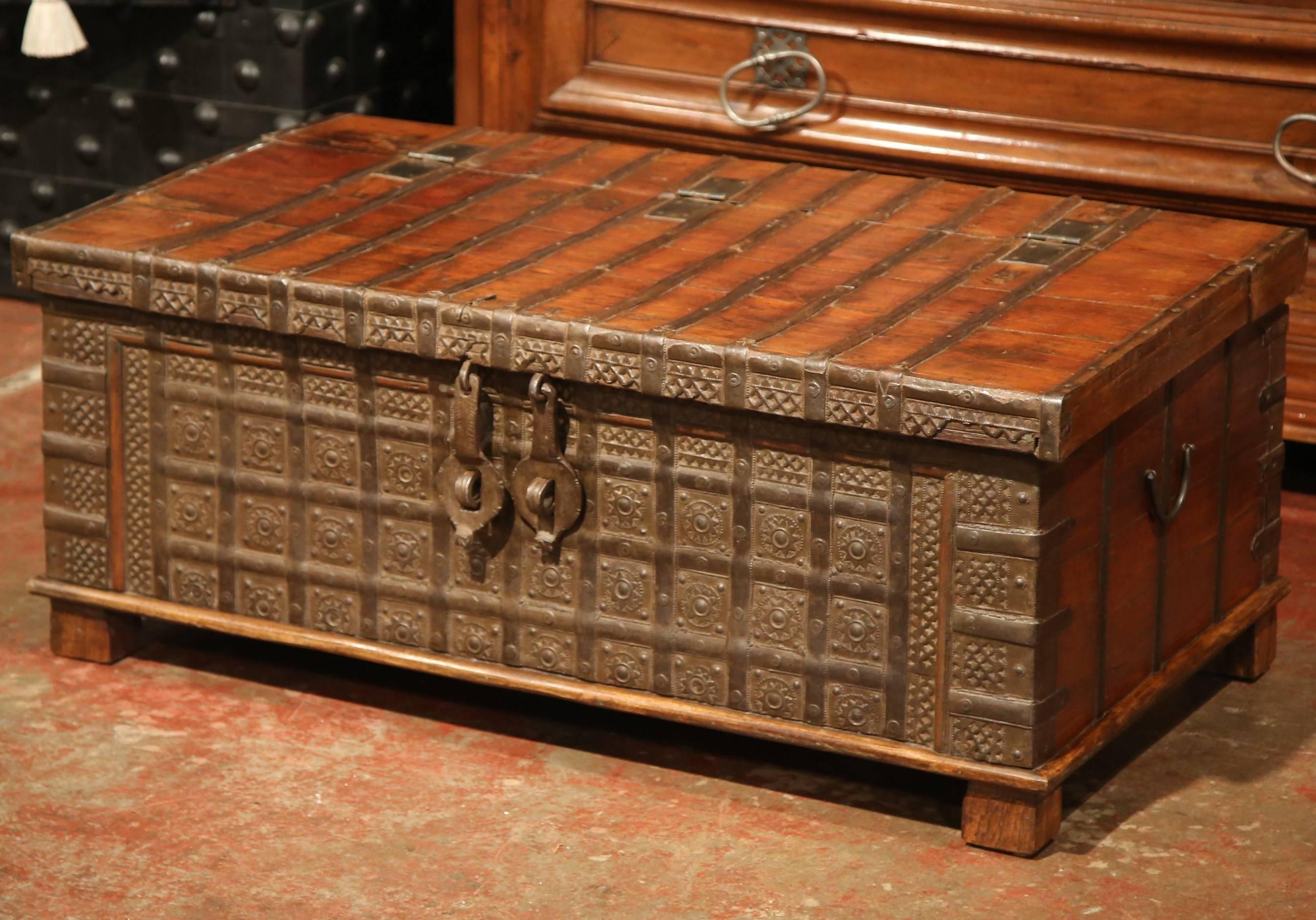 Hand-Carved 19th Century English Carved Chestnut Trunk Coffee Table with Heavy Hardware