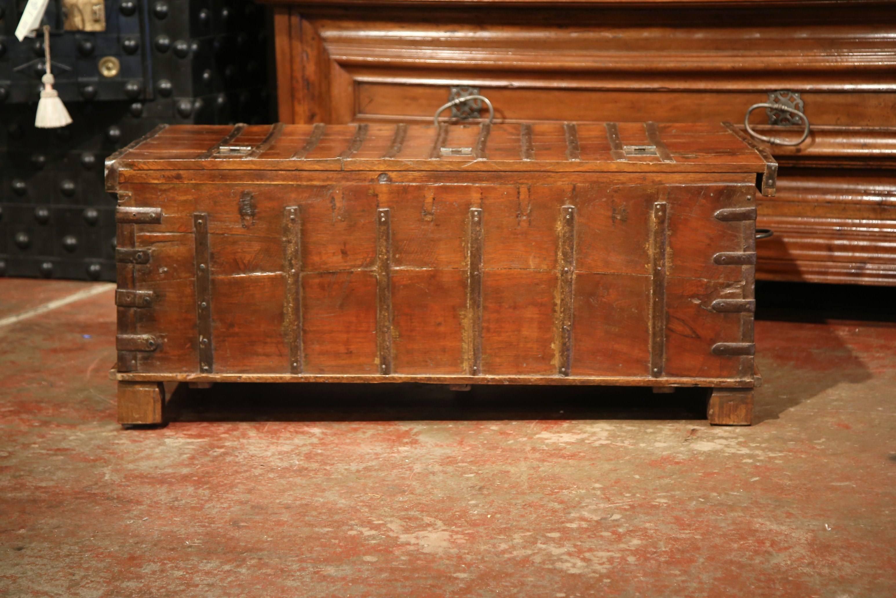 19th Century English Carved Chestnut Trunk Coffee Table with Heavy Hardware 4