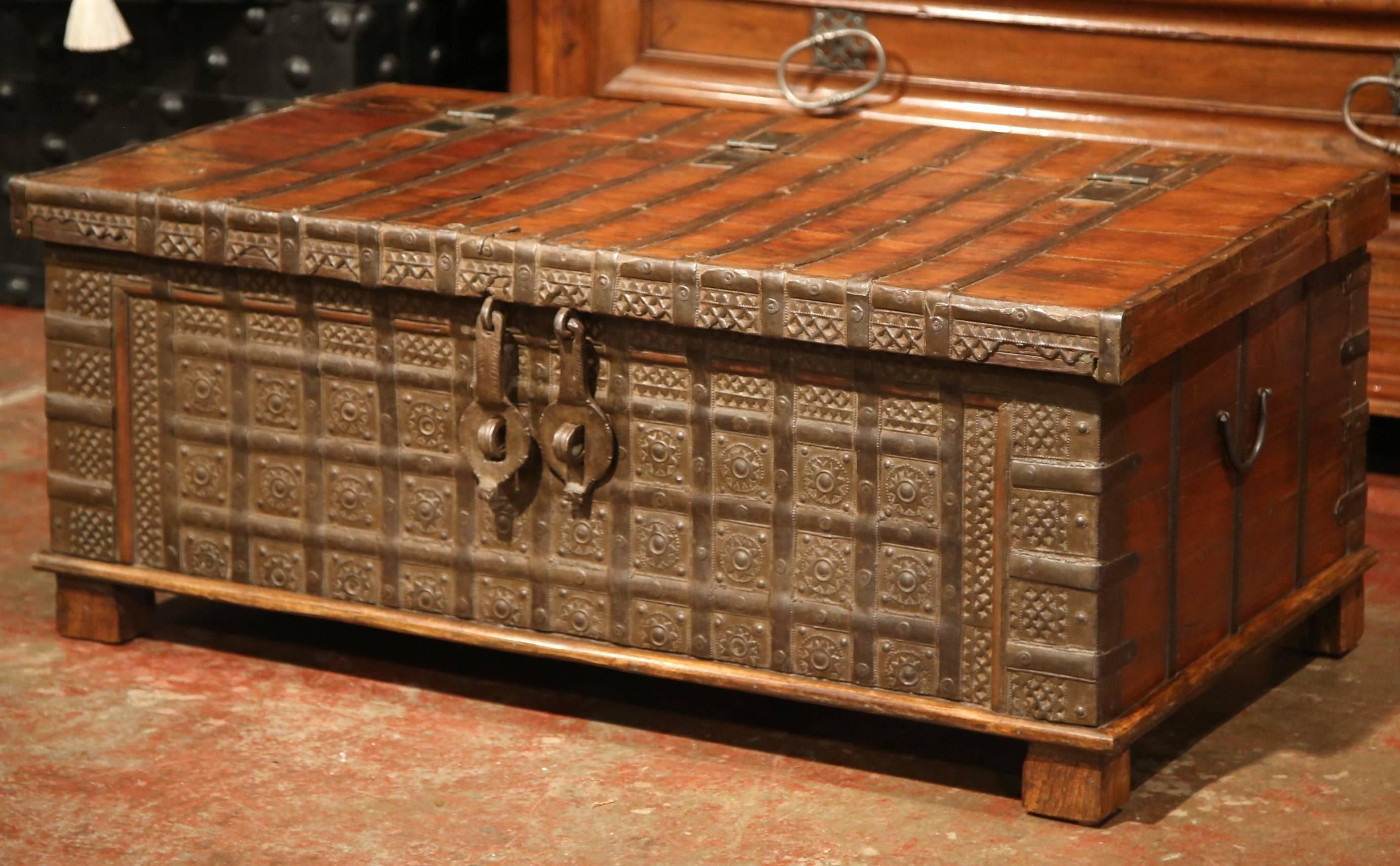 19th Century English Carved Chestnut Trunk Coffee Table with Heavy Hardware 2