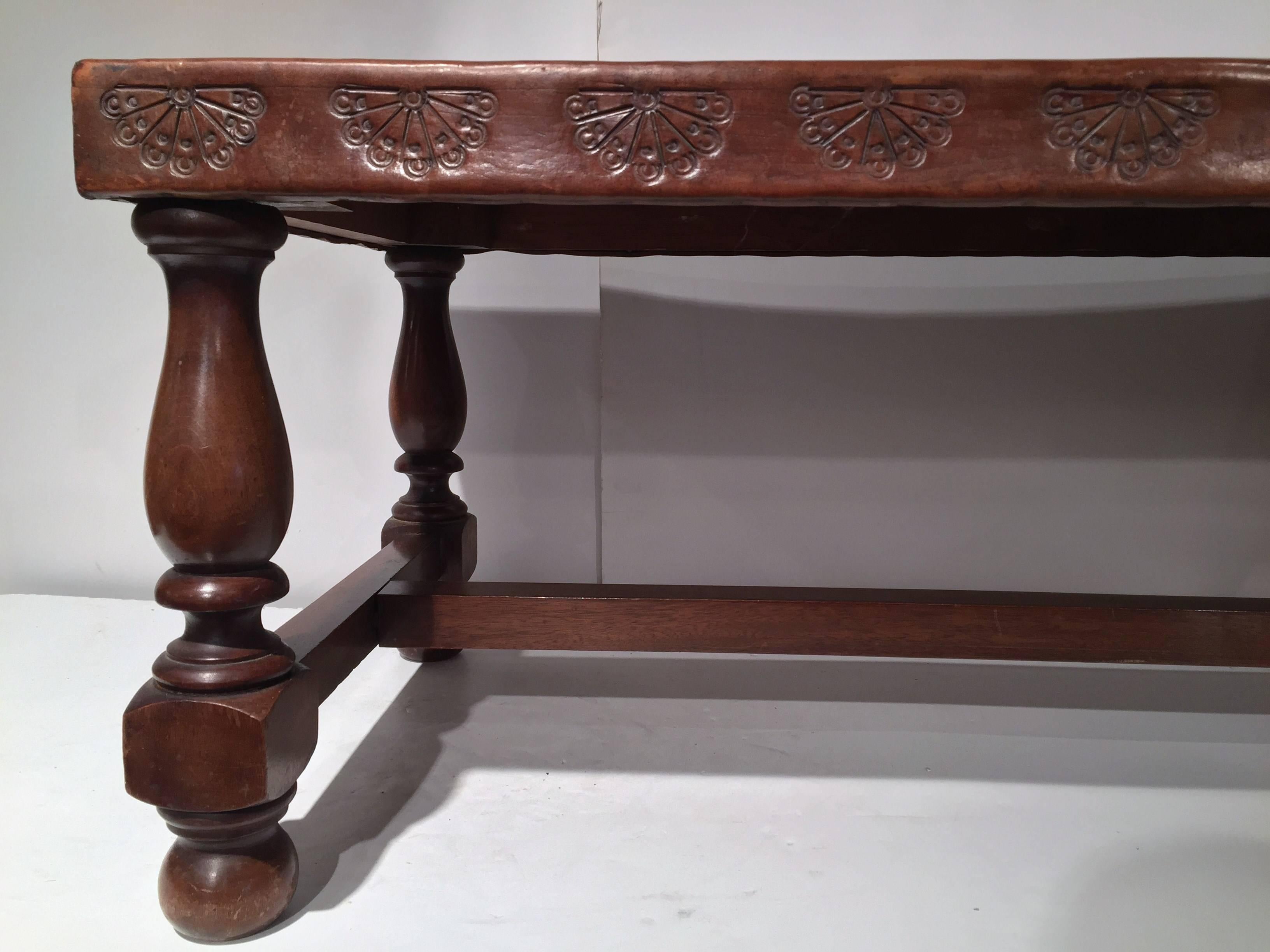 19th Century Antique French Bench with Tool Leather Top with Three Embossed Crests