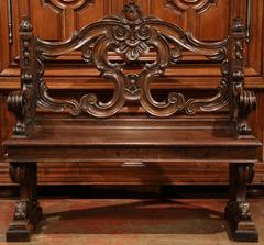 Early 19th Century Italian Carved Walnut Bench with Back and Armrests