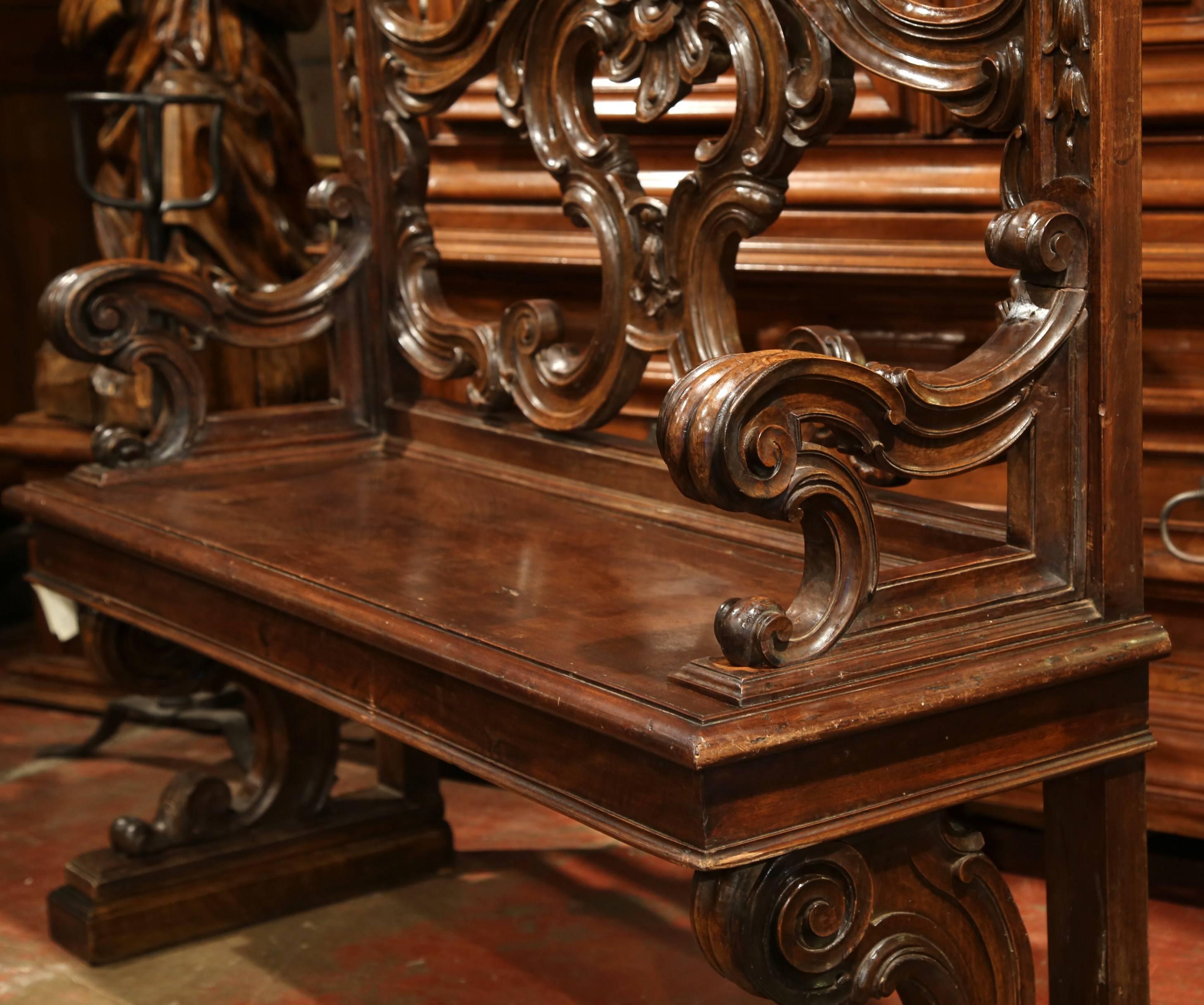 Hand-Carved Early 19th Century Italian Carved Walnut Bench with Back and Armrests