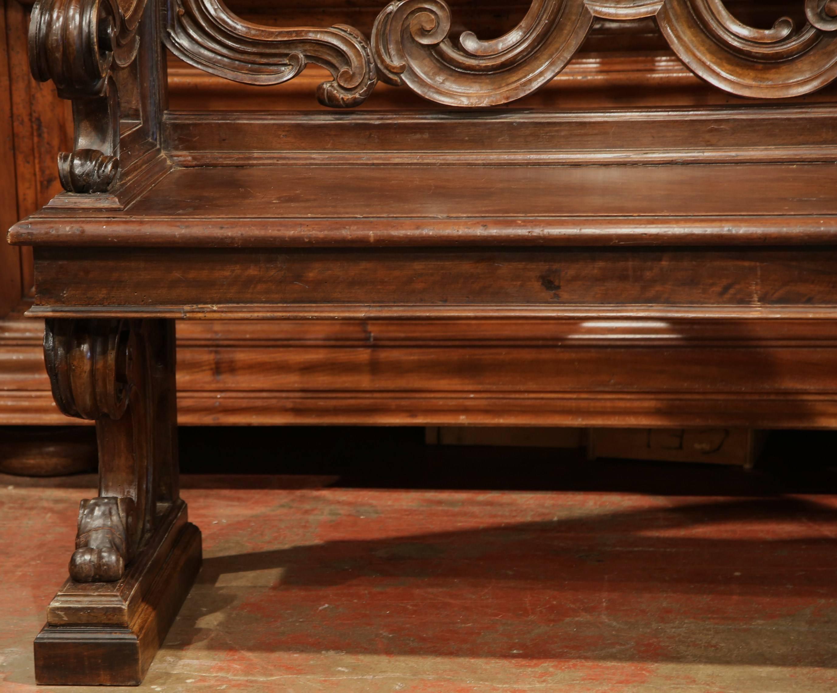 Early 19th Century Italian Carved Walnut Bench with Back and Armrests 1