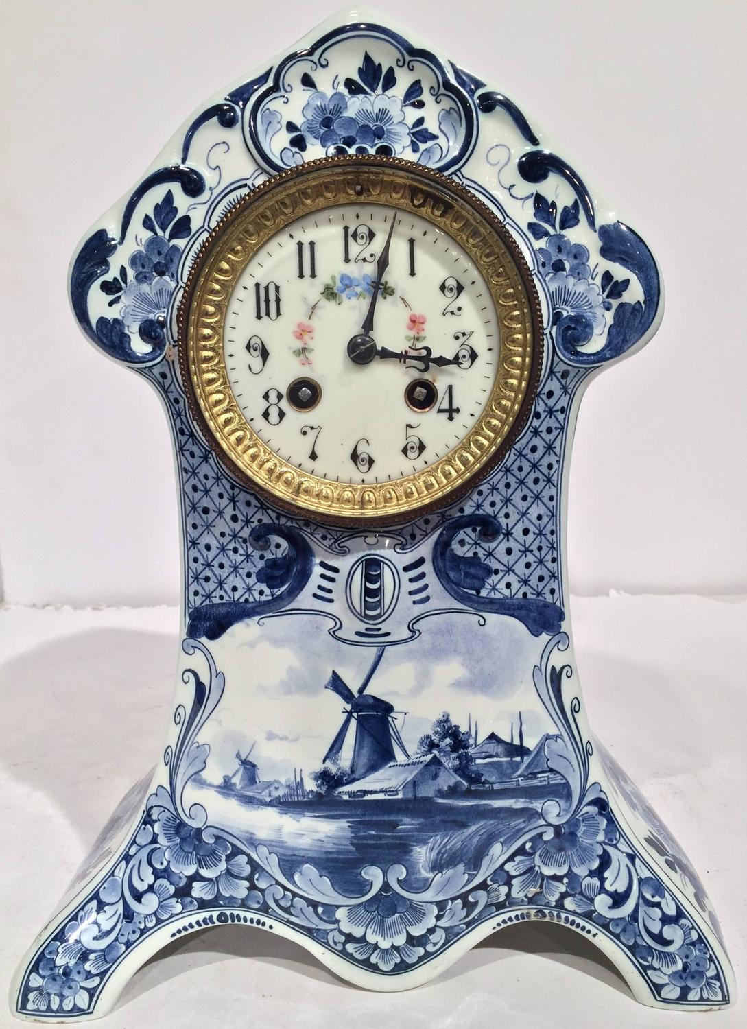 19th Century Blue and White HandPainted Delft Mantel Clock For Sale at 1stdibs