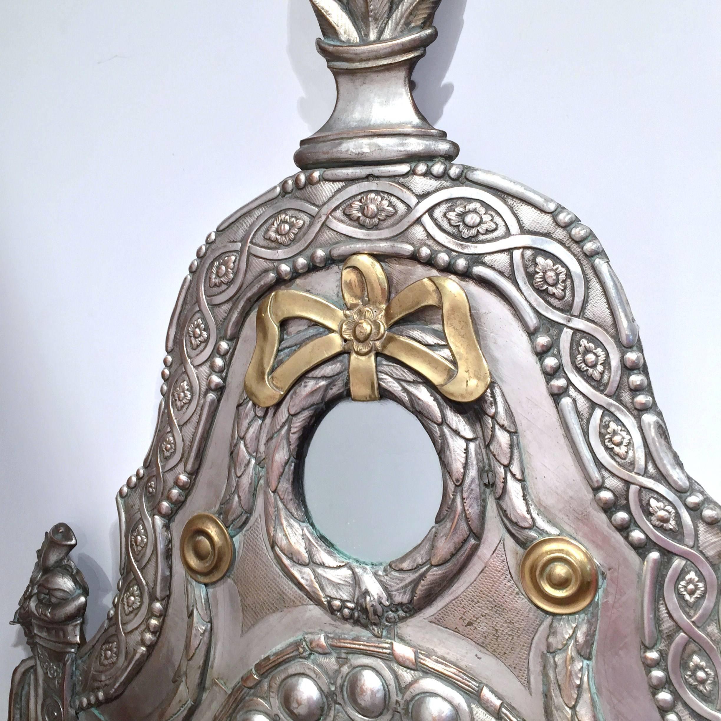 Patinated 19th Century French Repousse Silver Plated and Copper Overlay Wall Mirror