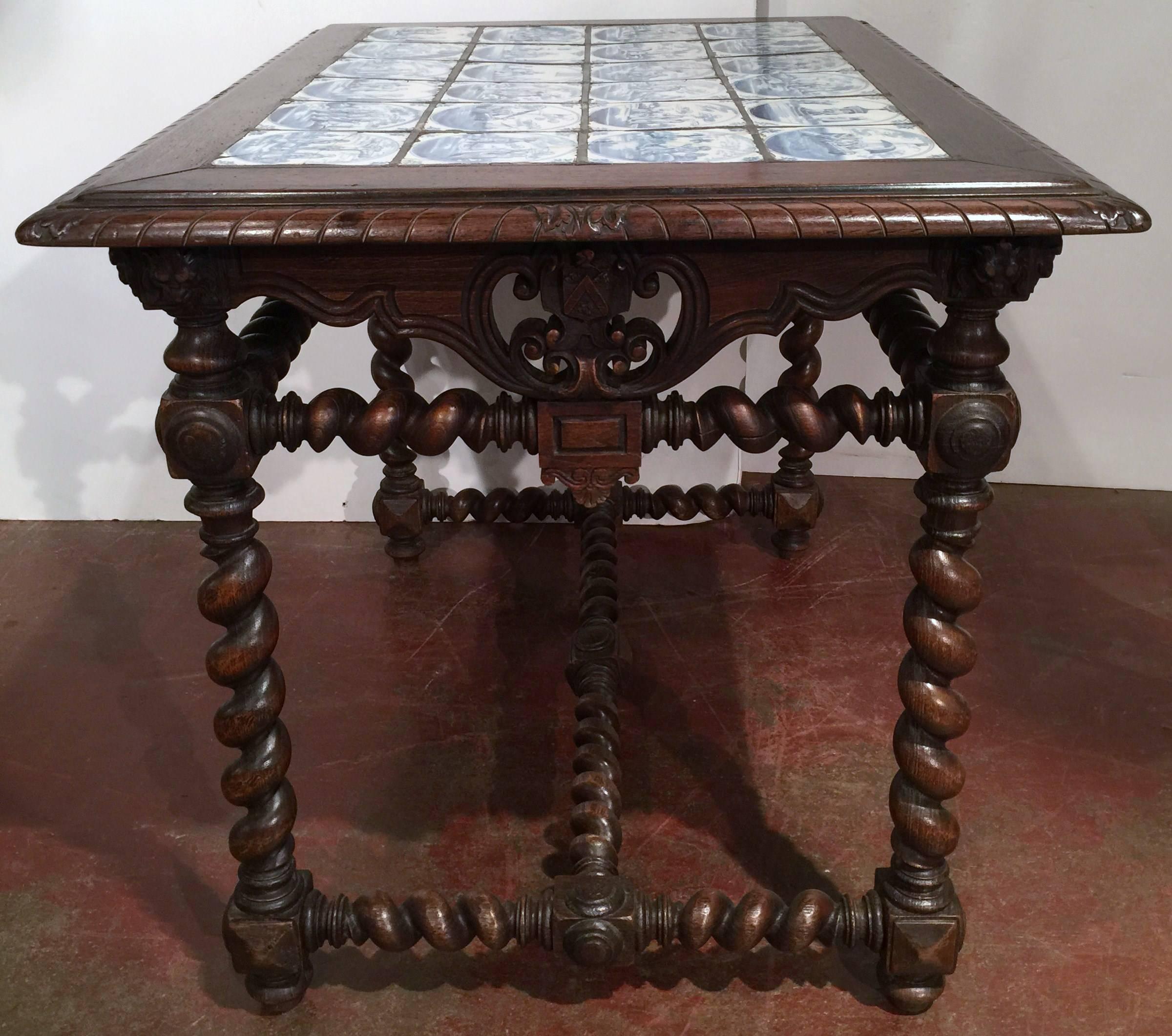 19th Century Walnut Table with 32 Blue and White Delft Biblical Scenes Tiles 3