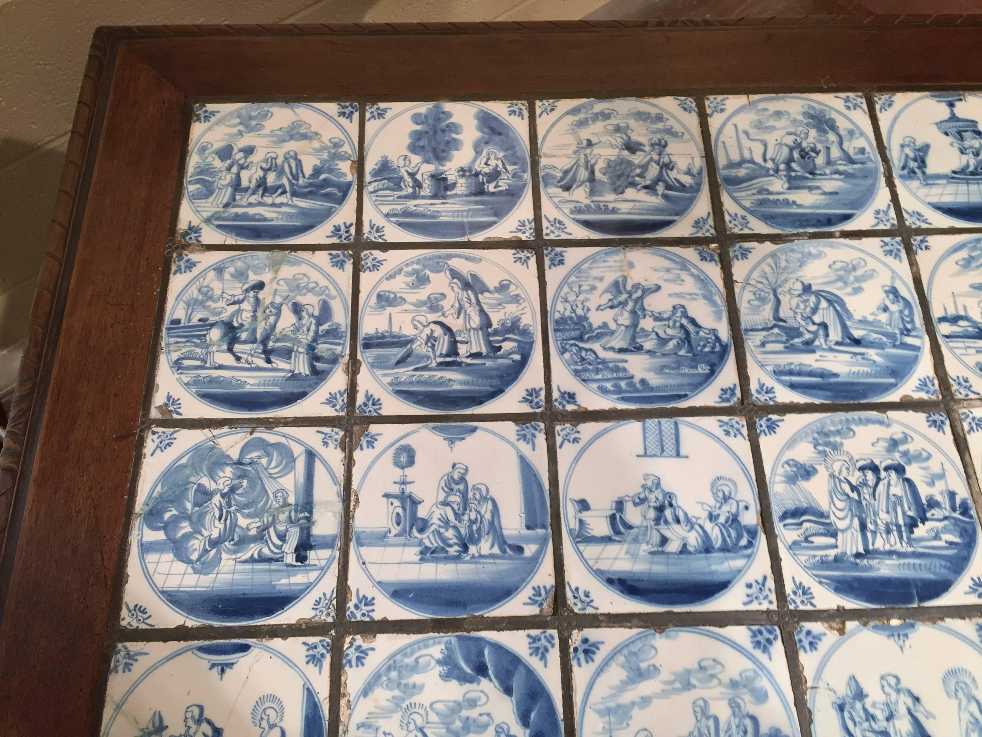 Louis XIII 19th Century Walnut Table with 32 Blue and White Delft Biblical Scenes Tiles