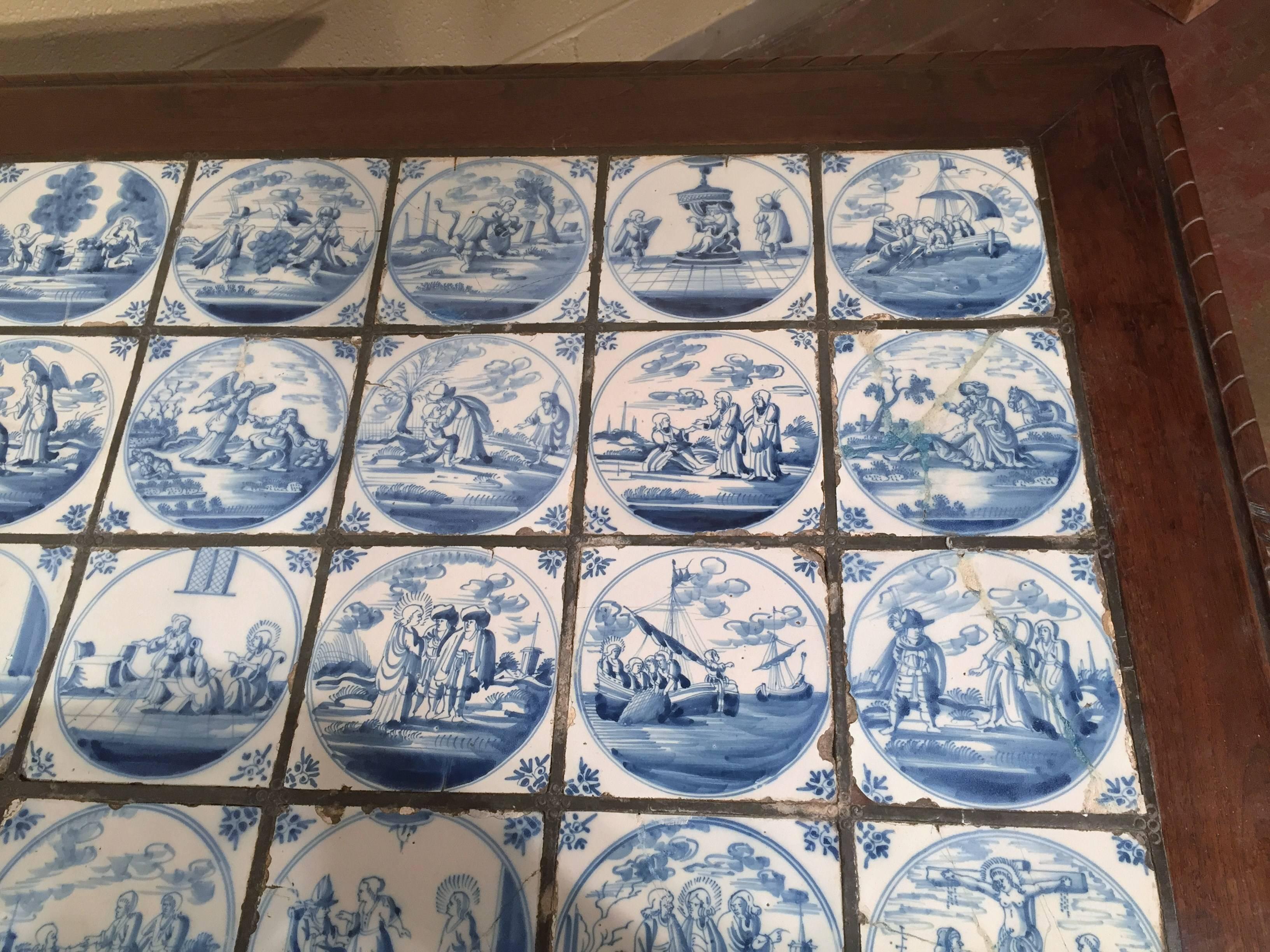 French 19th Century Walnut Table with 32 Blue and White Delft Biblical Scenes Tiles