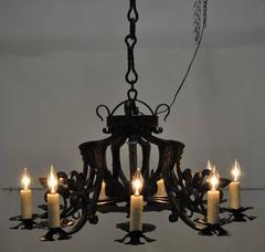 19th Century Eight Lights Wrought Iron Chandelier with Fleur de Lys