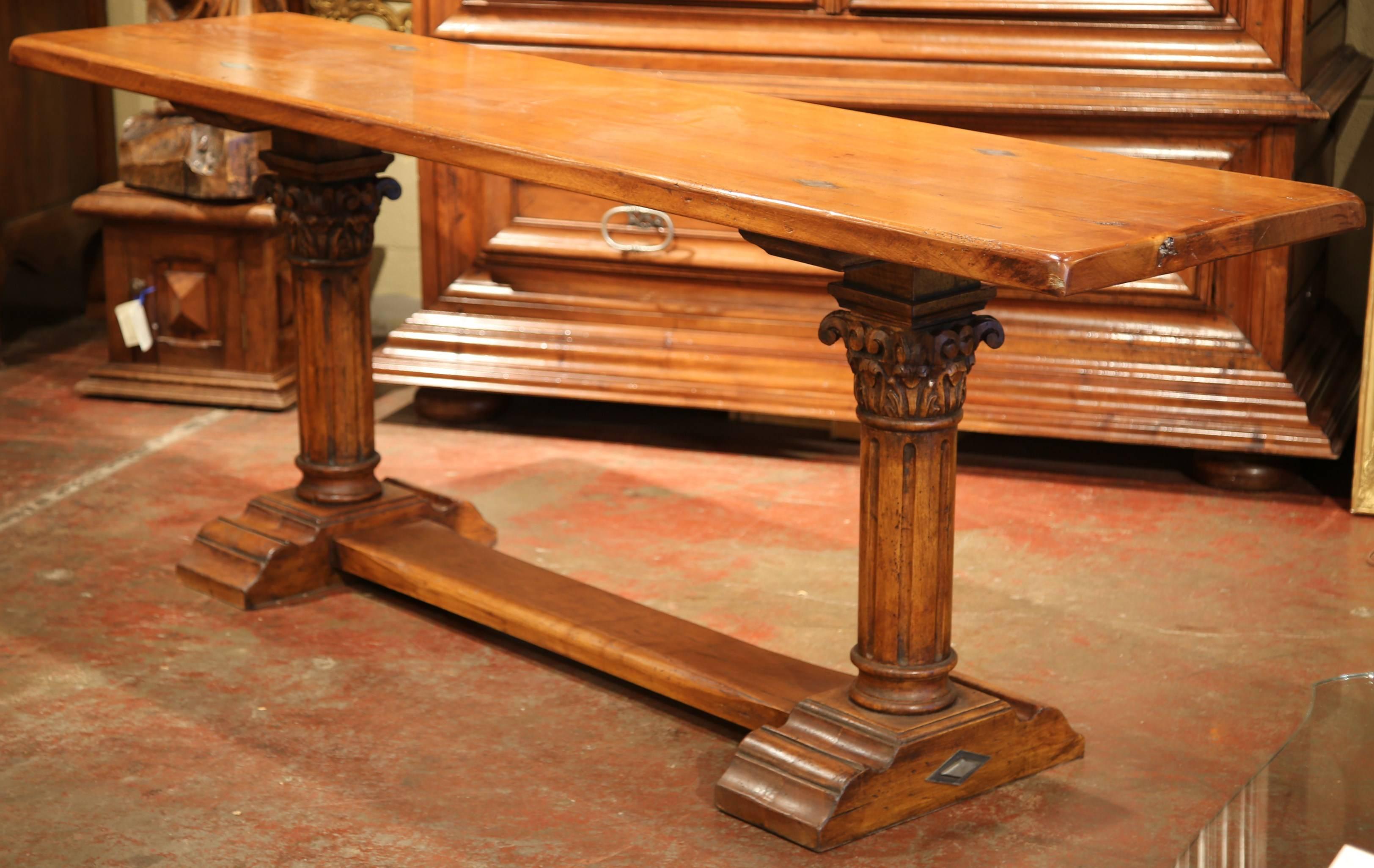 American Long French Hand-Carved Walnut Two-Pedestal Legs Console Table with Stretcher