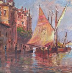 19th Century Signed Venice Oil Painting with Arched Gold Leaf Frame