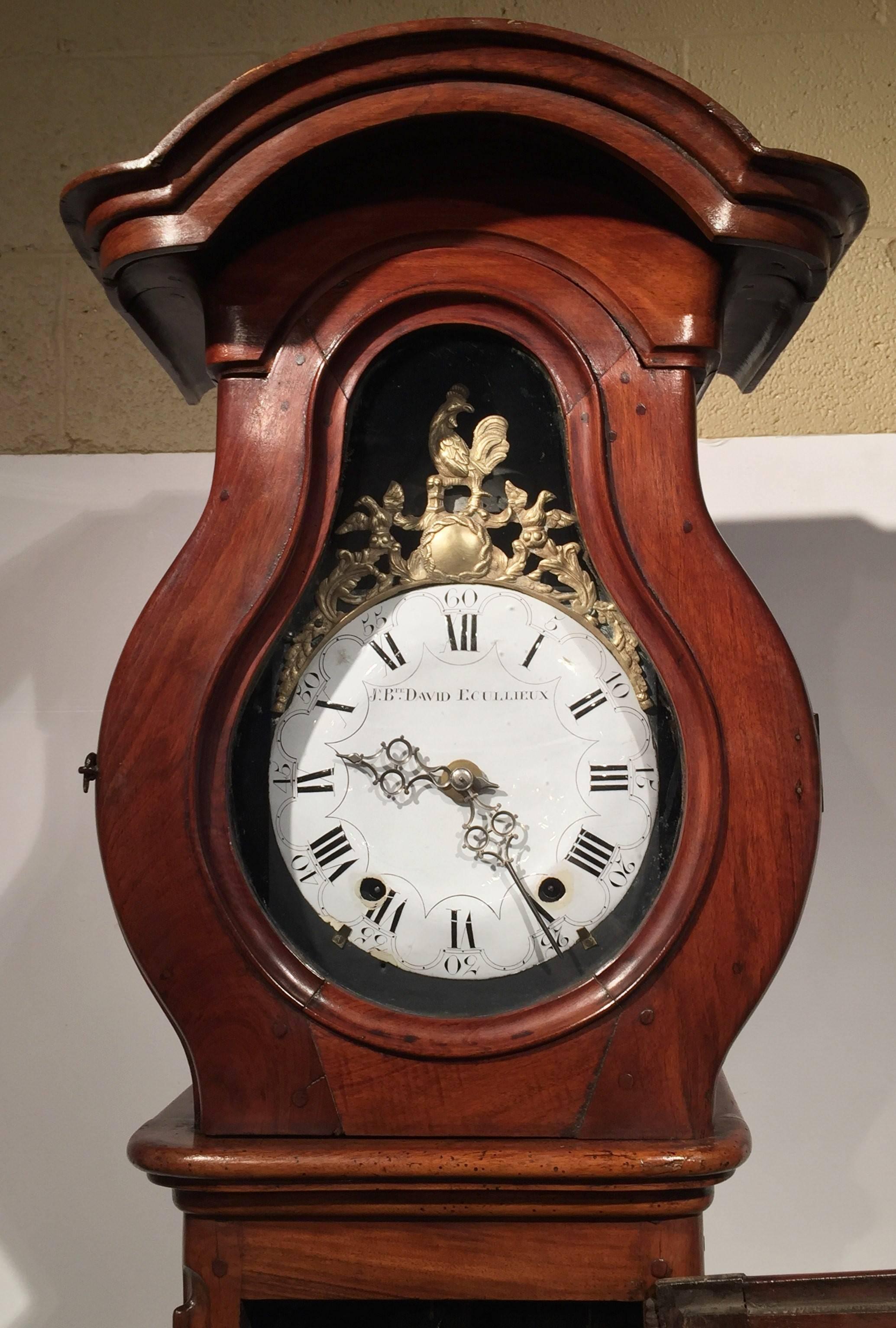 18th Century Country French Walnut Grandfather Clock with Rooster Movement 1