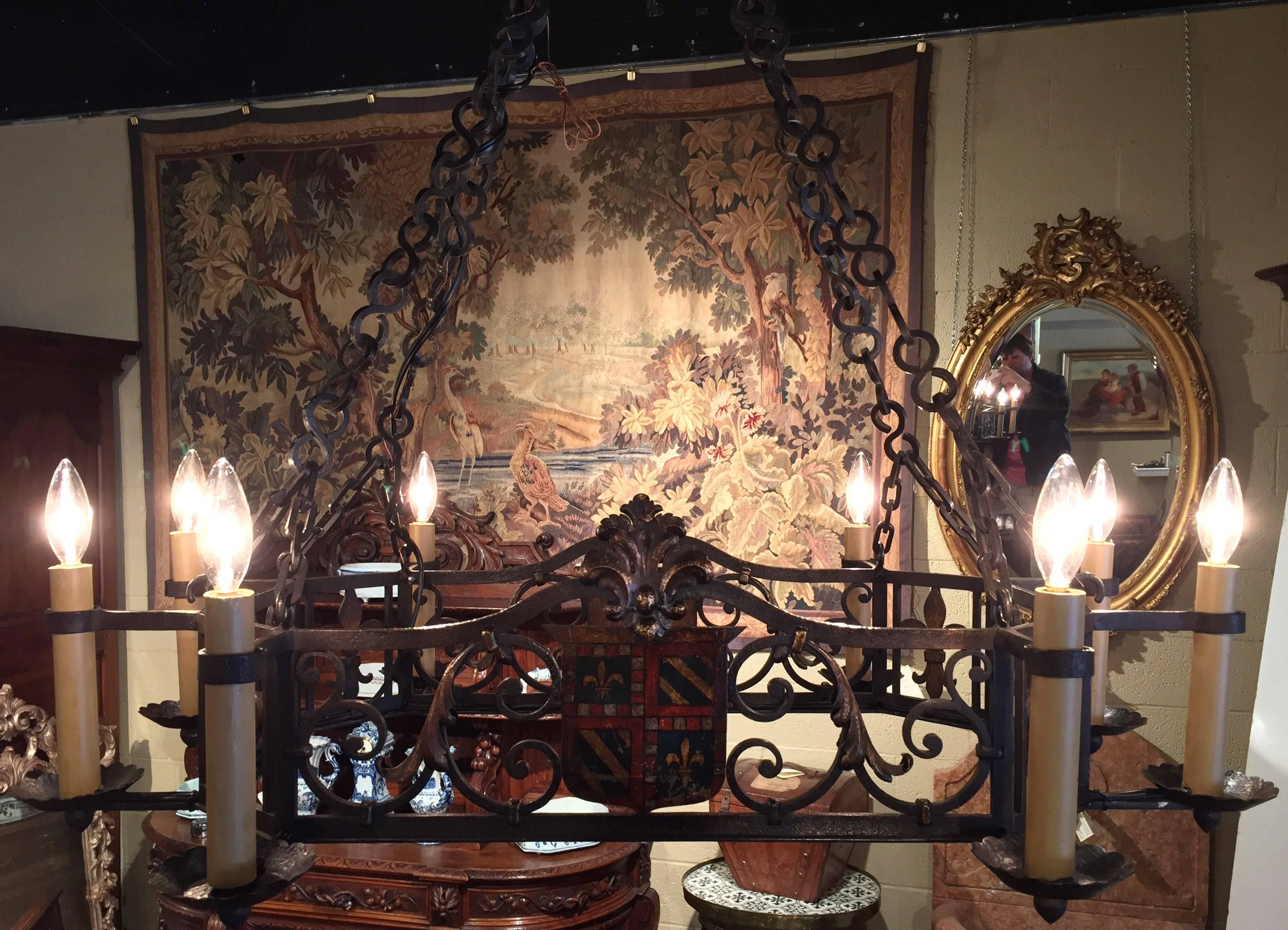  Antique French Gothic Eight-Light Iron Chandelier with Dual Coat of Arms In Excellent Condition In Dallas, TX