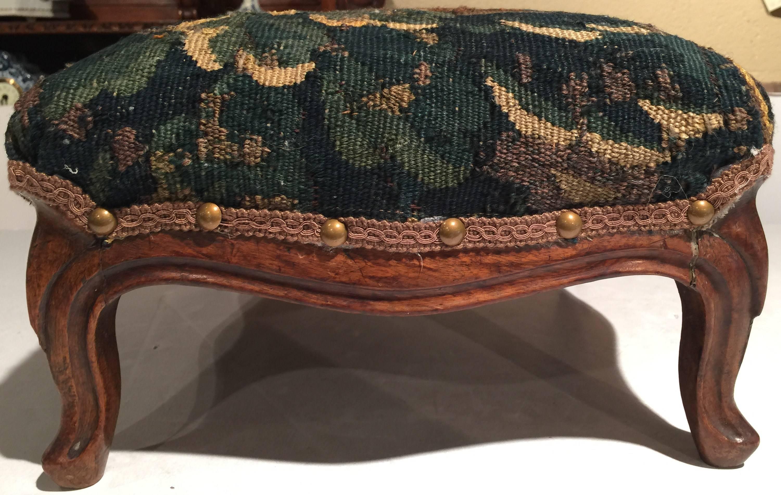 Louis XV 19th Century Walnut Foot Stool Upholstered with Antique Aubusson Tapestry