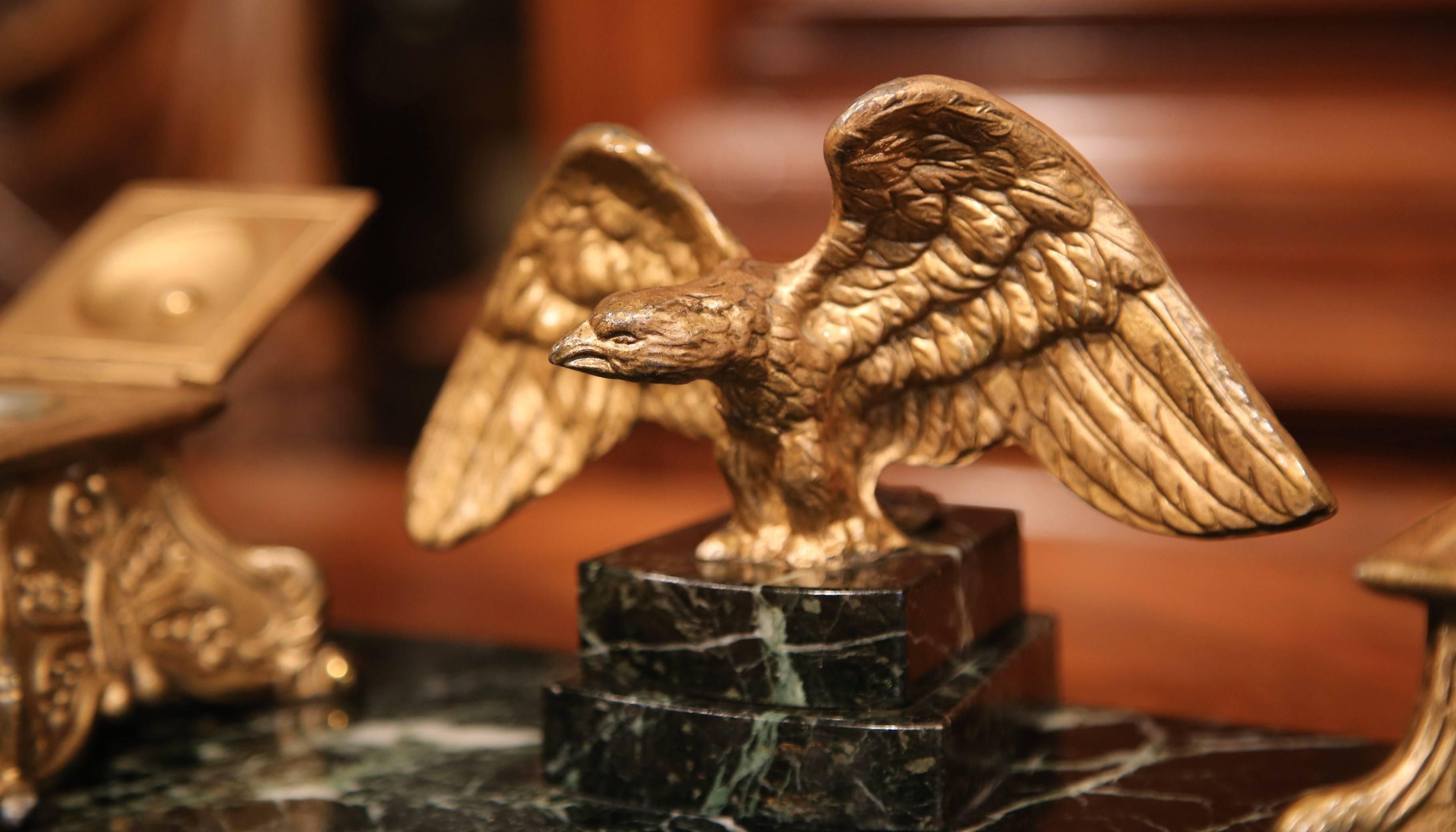 Empire Early 20th Century French Bronze and Marble Inkwell with Eagle Sculpture