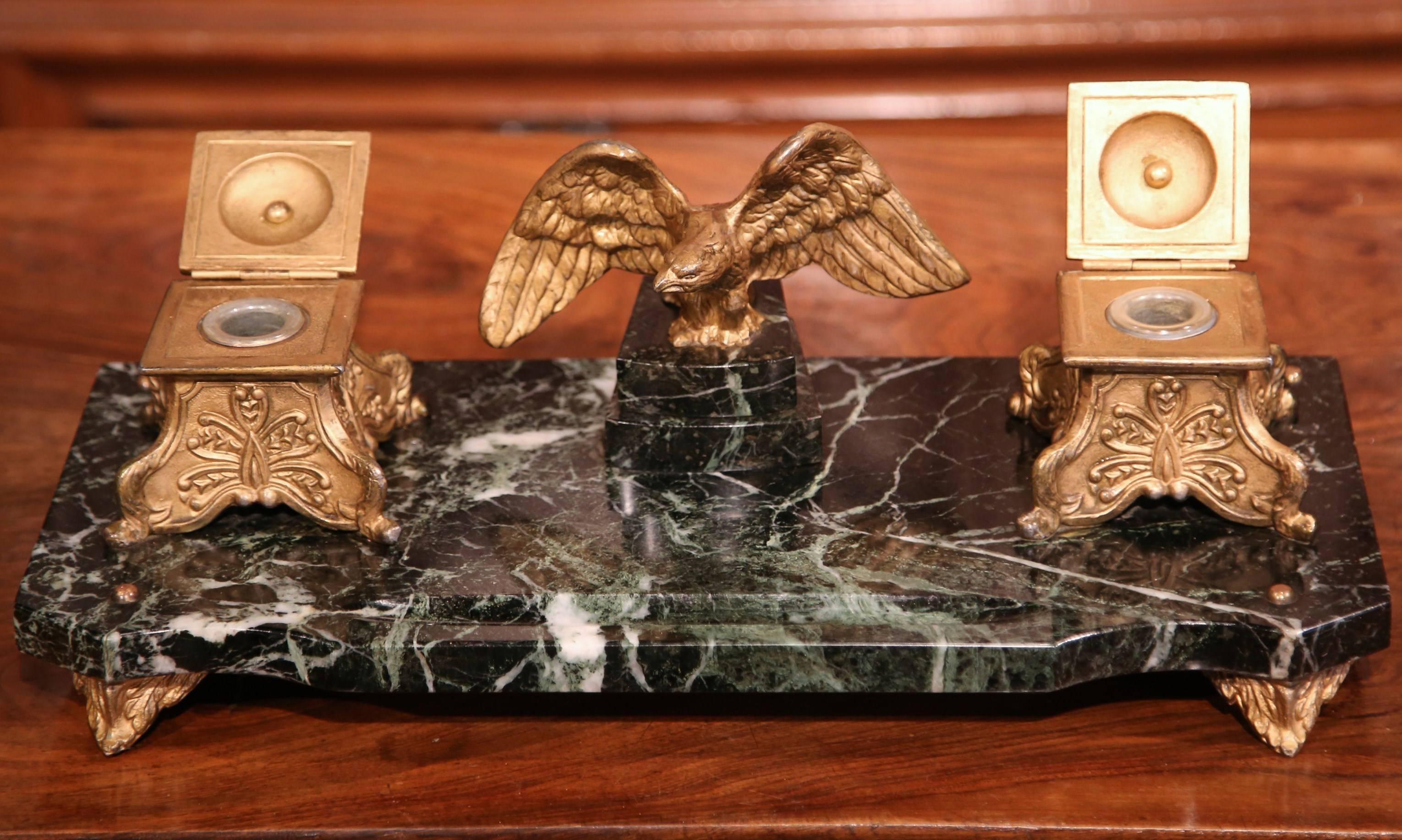 Hand-Carved Early 20th Century French Bronze and Marble Inkwell with Eagle Sculpture