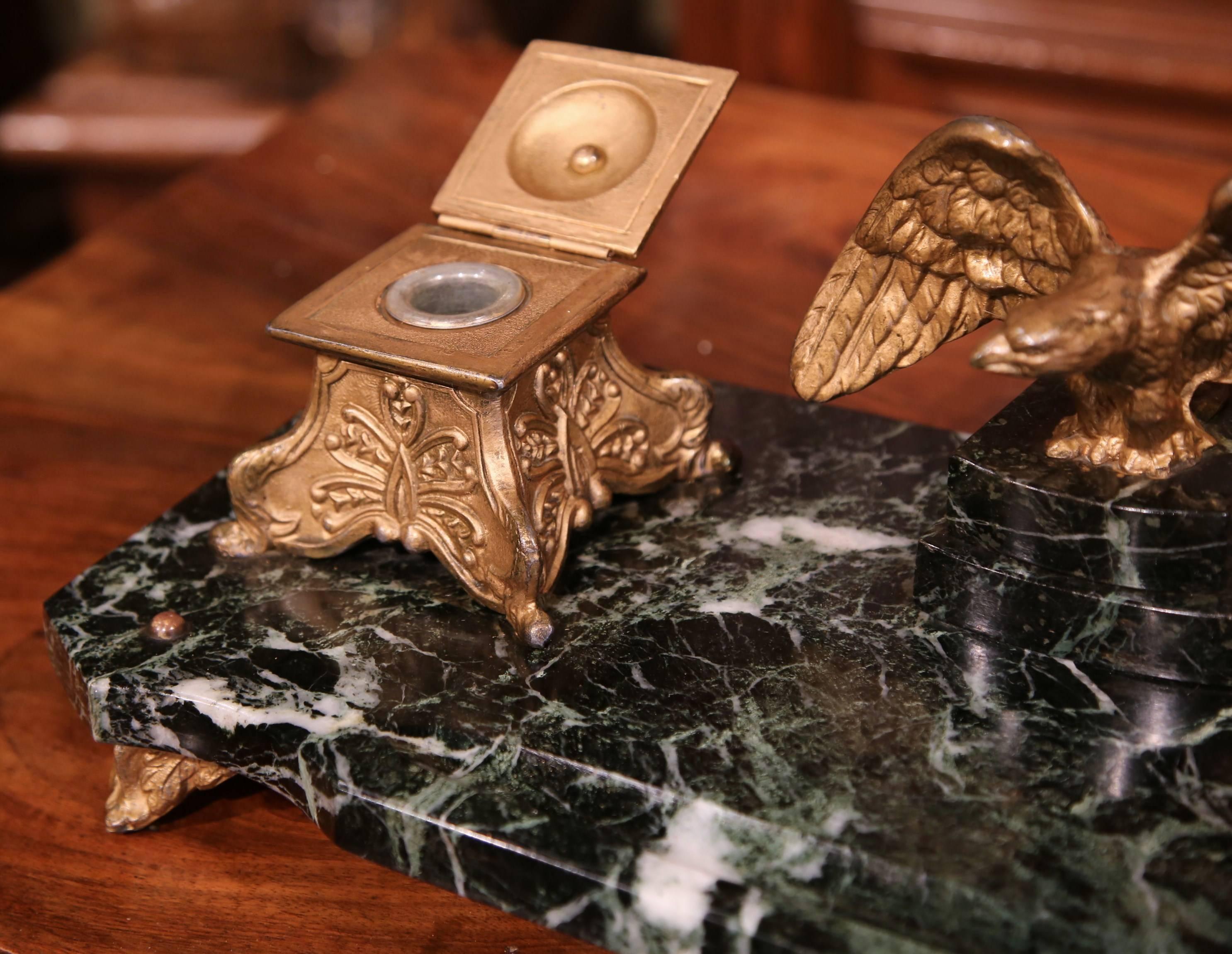 Early 20th Century French Bronze and Marble Inkwell with Eagle Sculpture In Excellent Condition In Dallas, TX