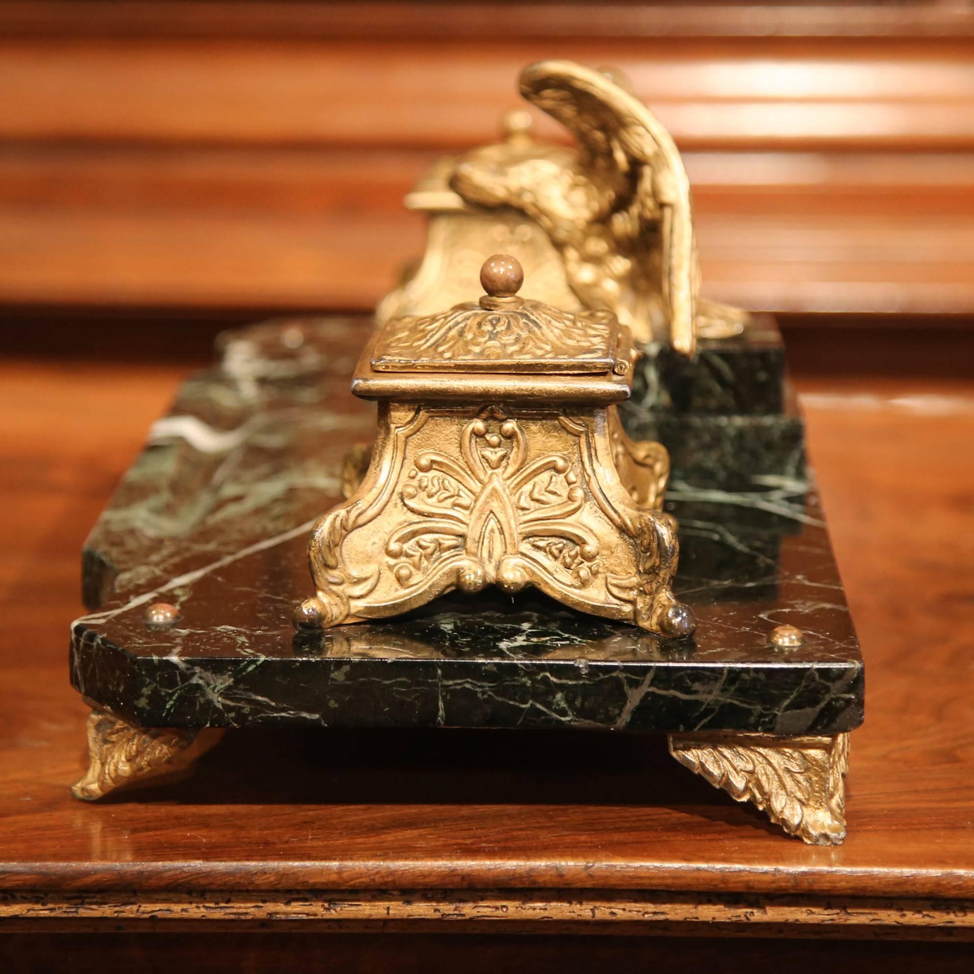 Early 20th Century French Bronze and Marble Inkwell with Eagle Sculpture 1