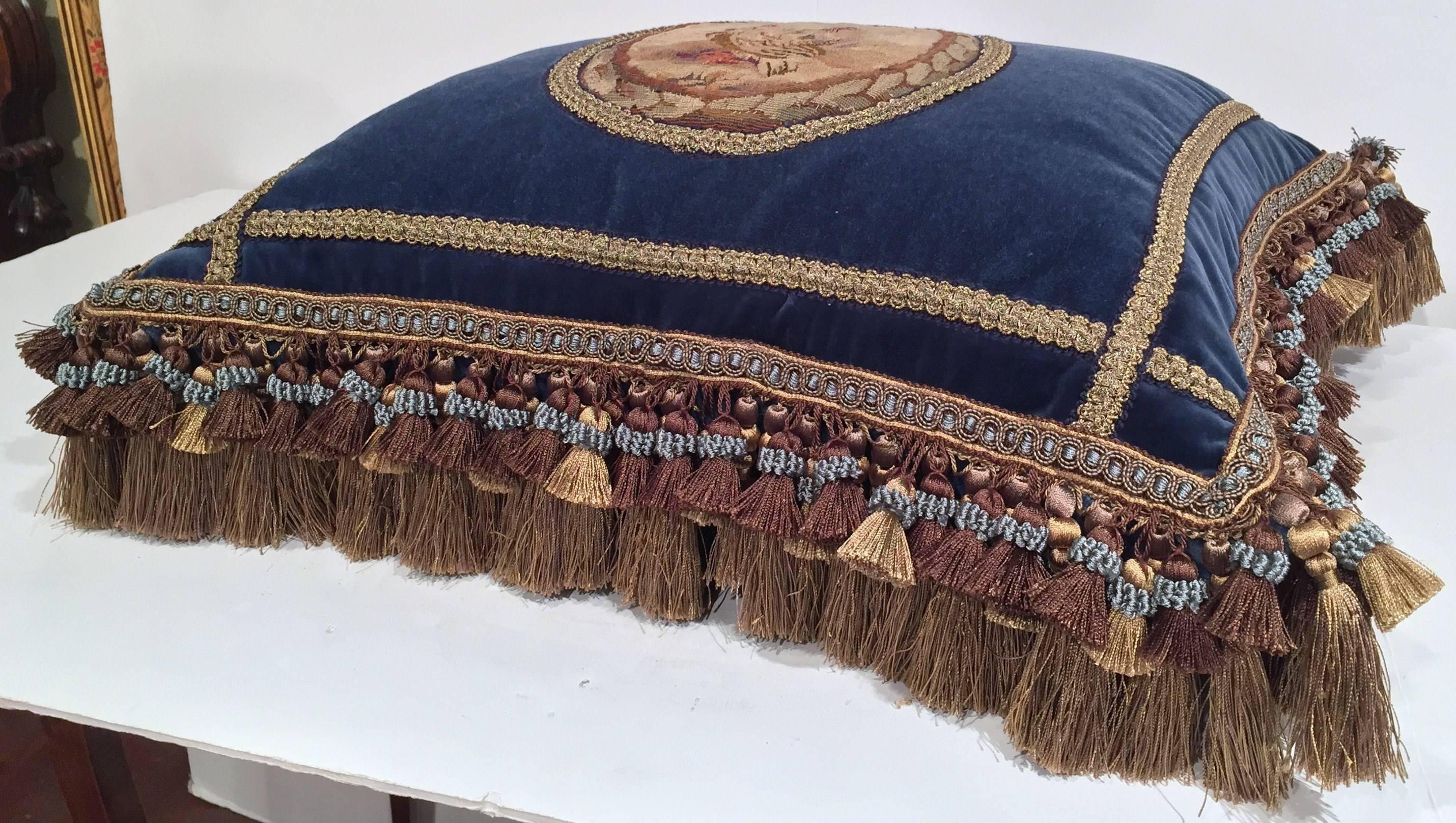 Handmade French Pillow with 18th Century Aubusson Tapestry, Trims and Tassels In Excellent Condition In Dallas, TX