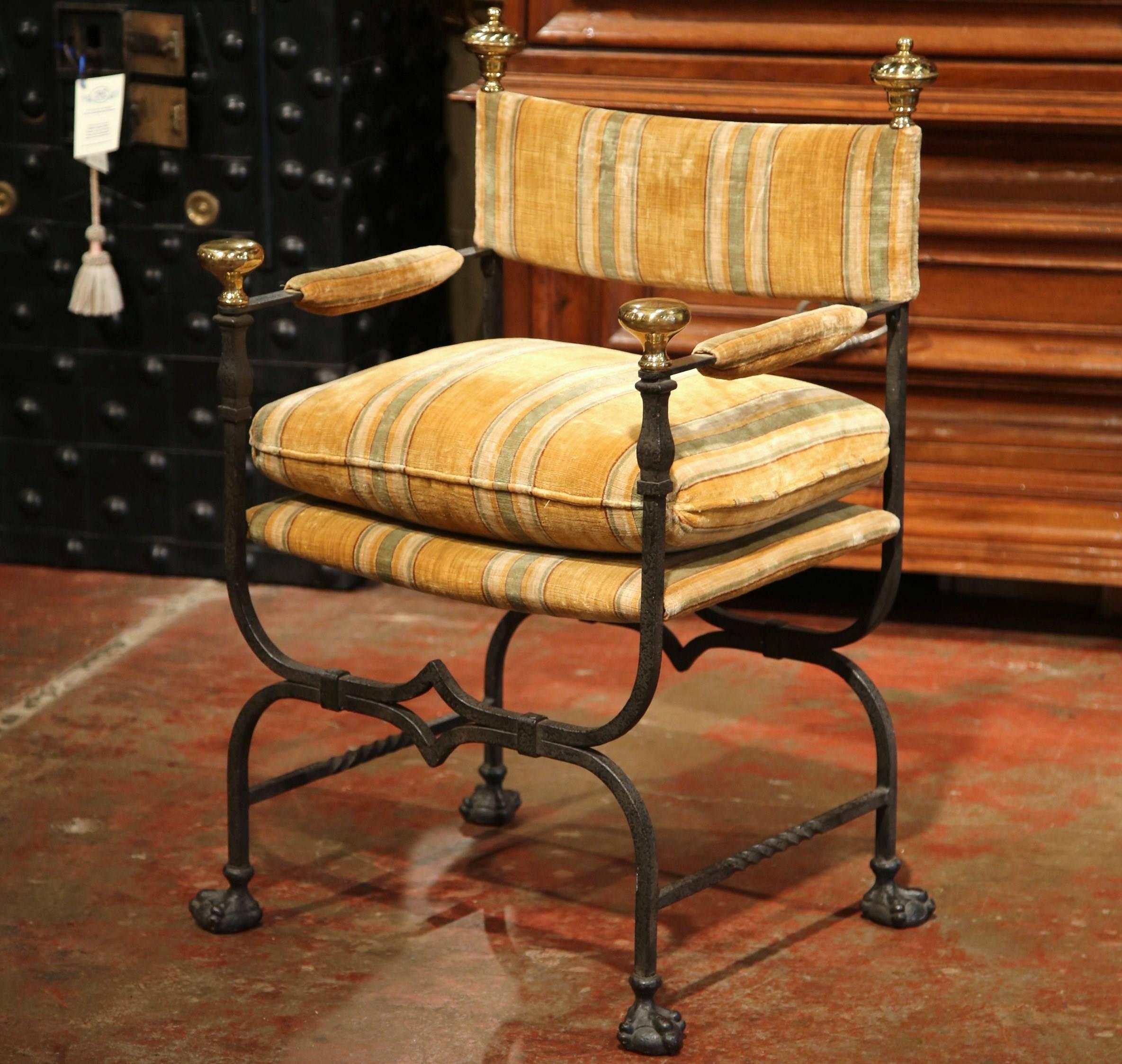 19th Century Italian Wrought Iron Campaign Armchair with Bronze Finials 1